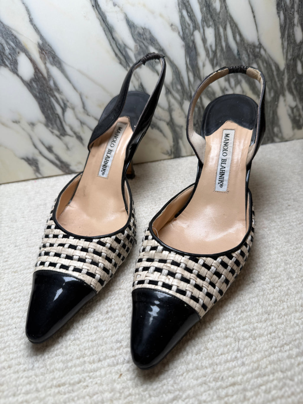 Manolo Blahnik Black and White Weave Kitten Heels, 38