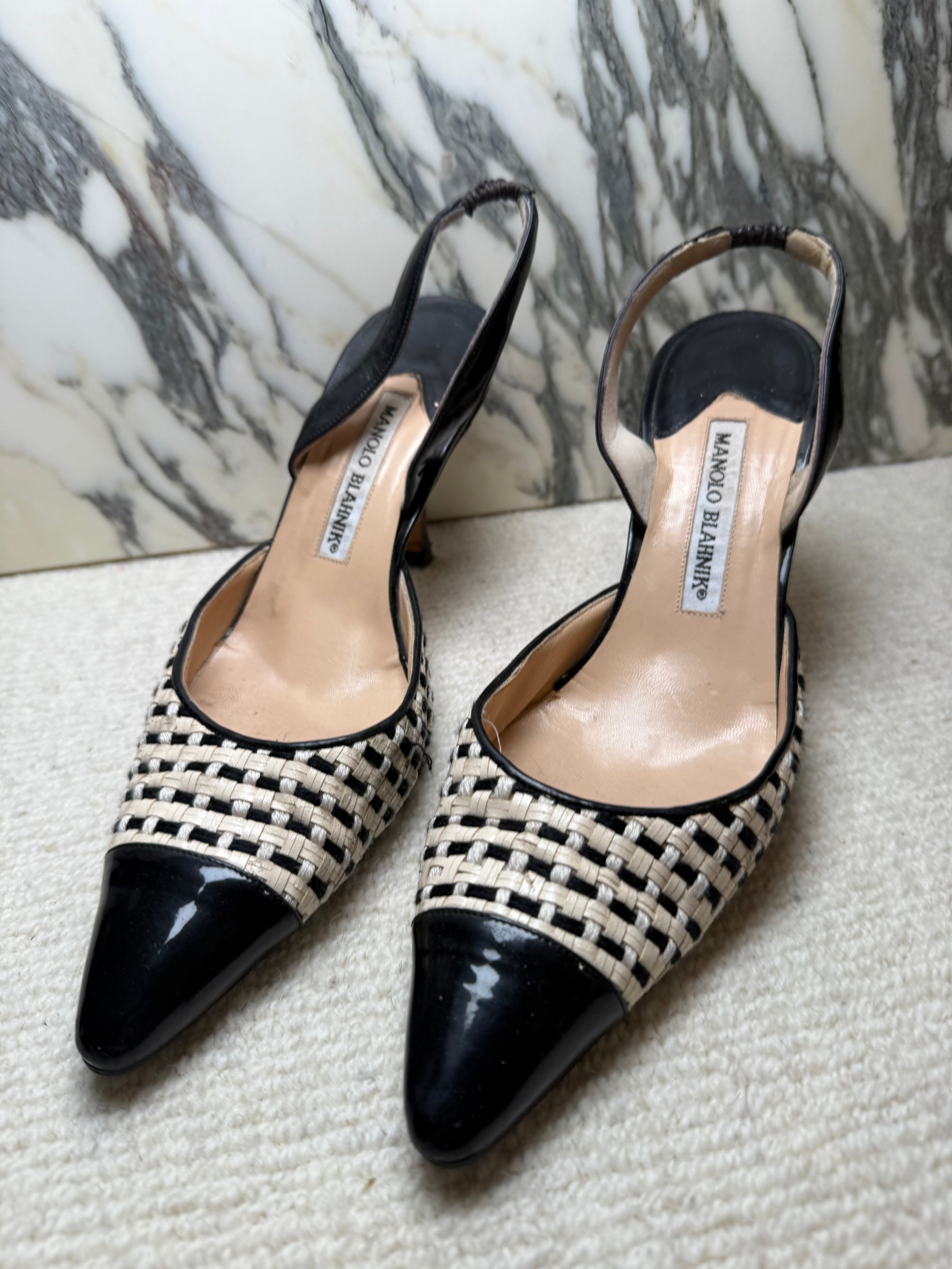 Manolo Blahnik Black and White Weave Kitten Heels, 38