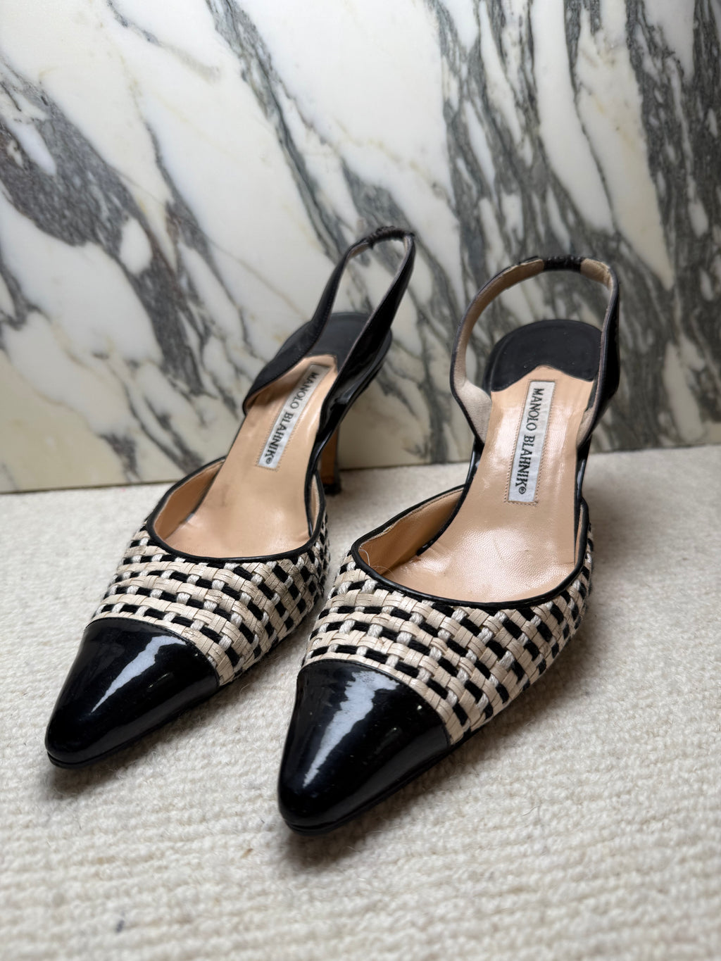 Manolo Blahnik Black and White Weave Kitten Heels, 38