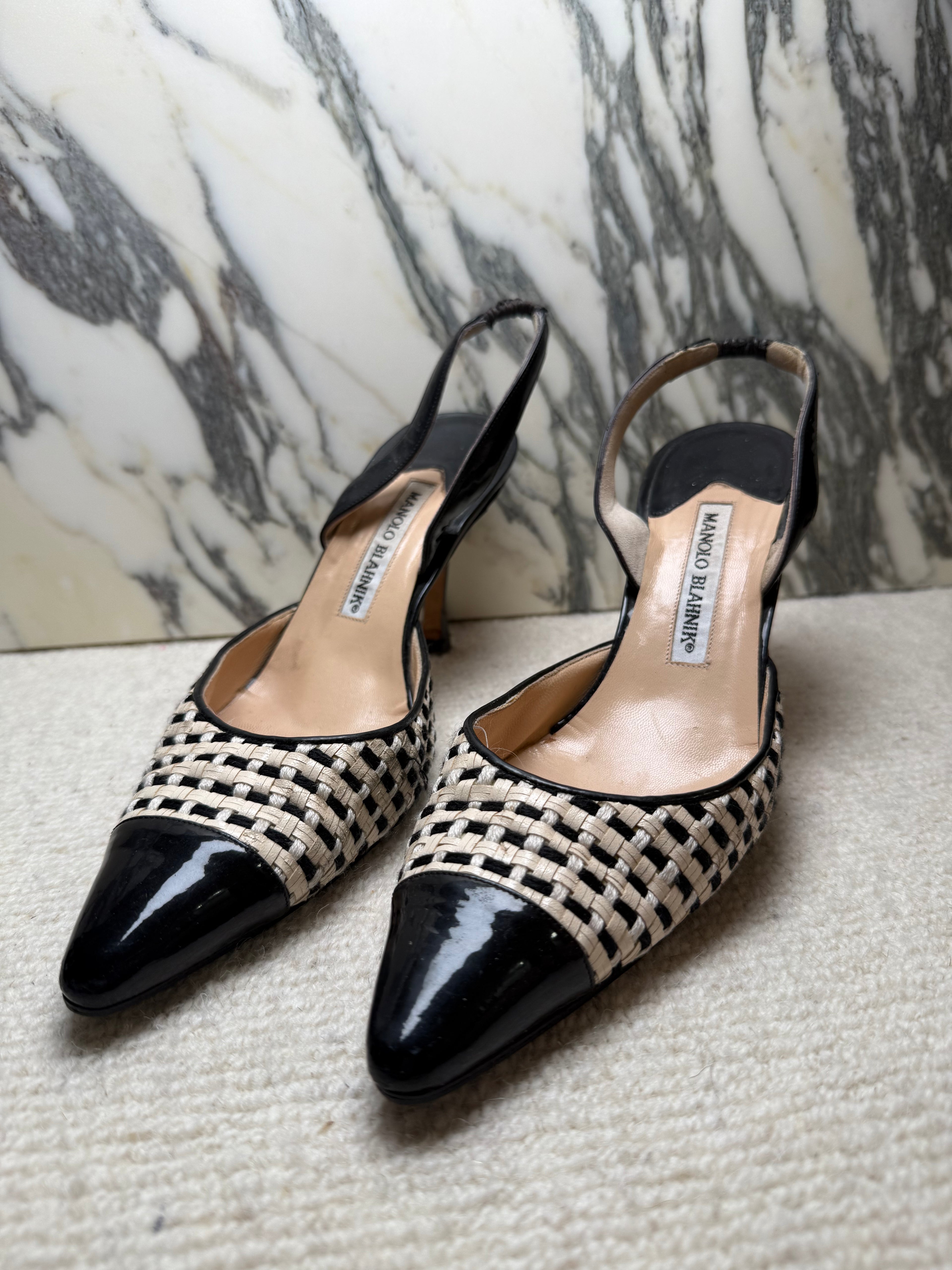 Manolo Blahnik Black and White Weave Kitten Heels, 38