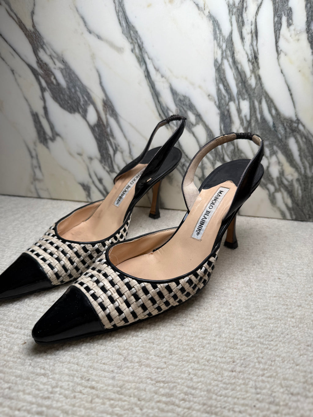 Manolo Blahnik Black and White Weave Kitten Heels, 38