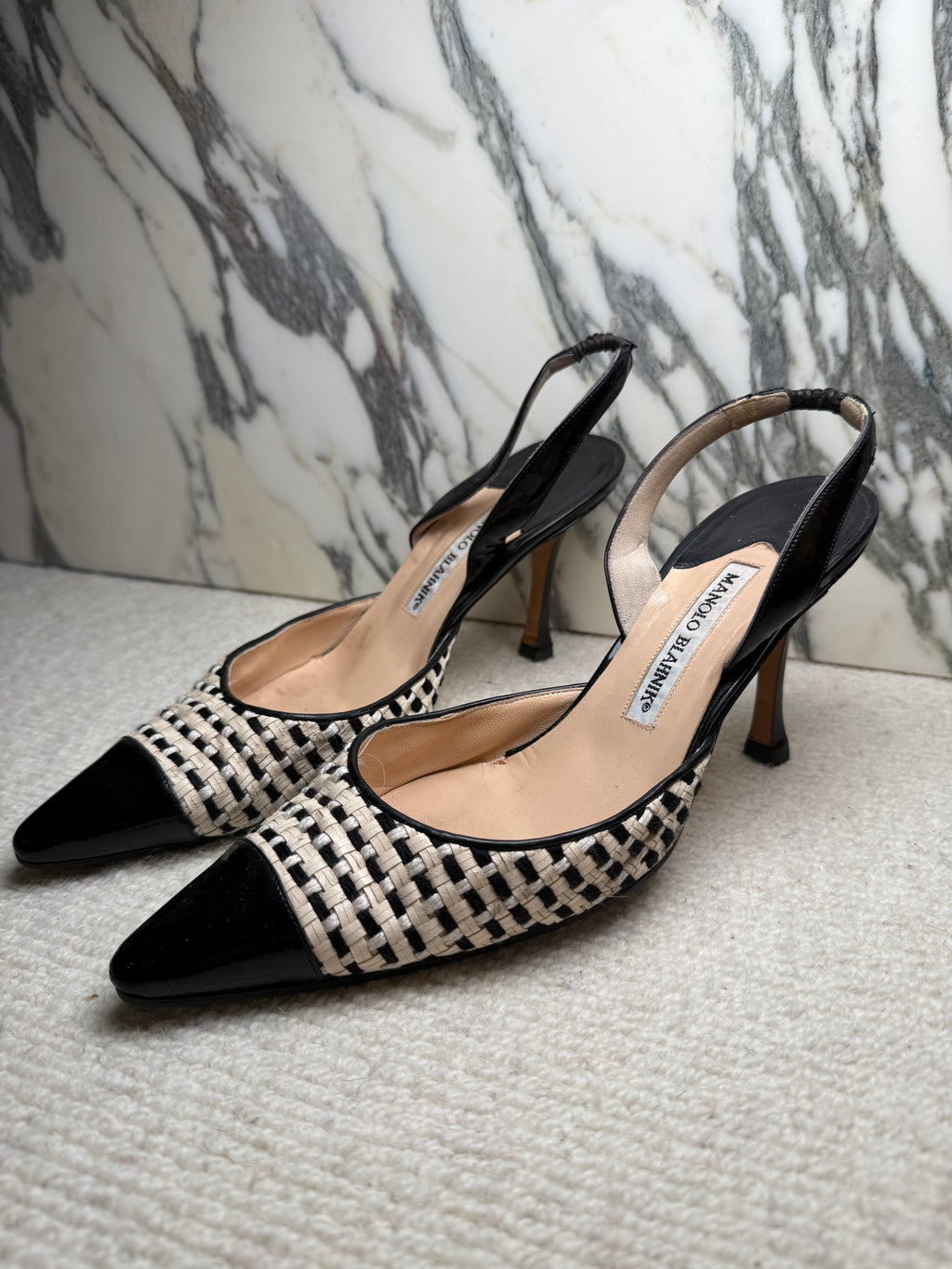Manolo Blahnik Black and White Weave Kitten Heels, 38