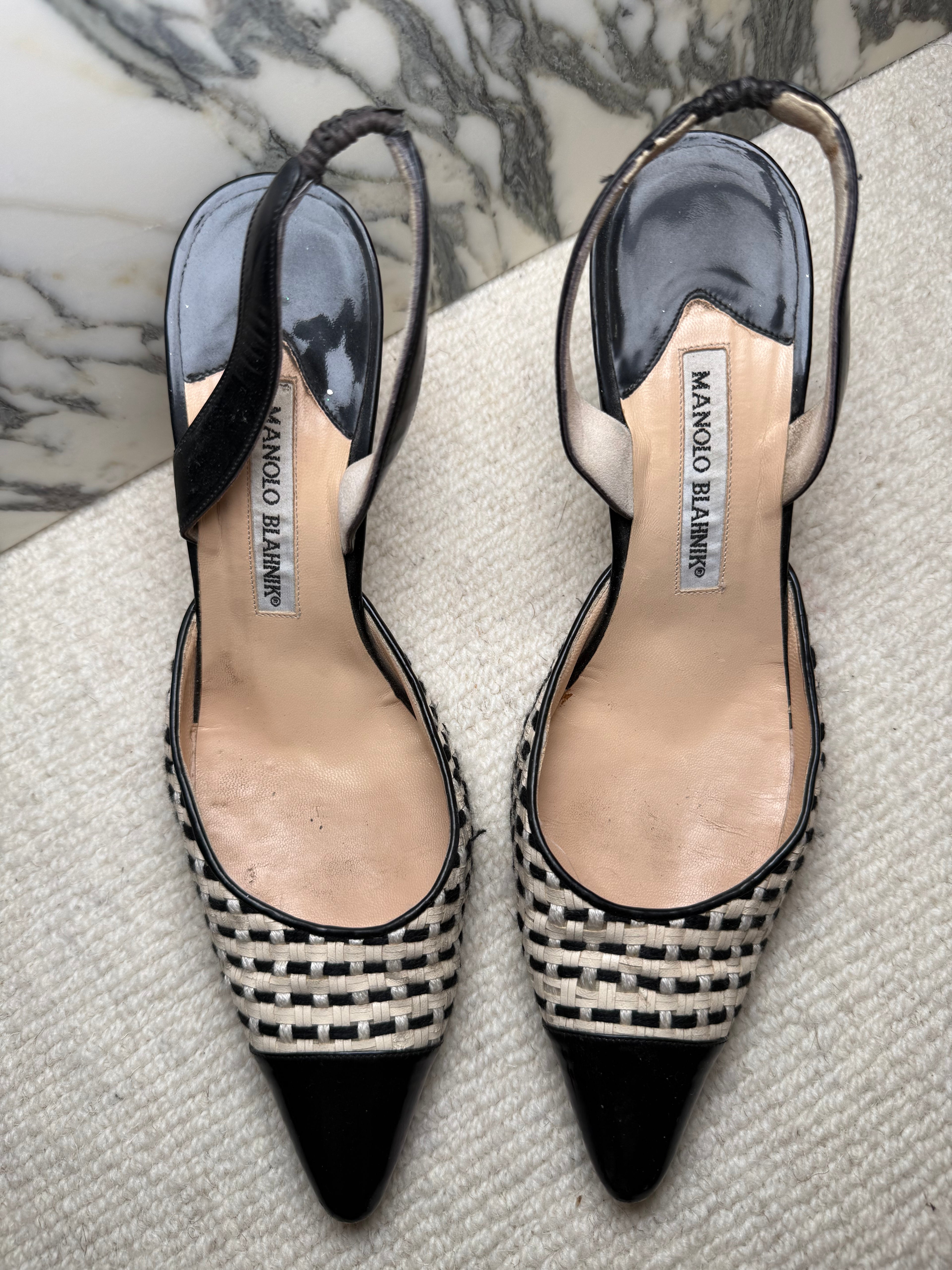 Manolo Blahnik Black and White Weave Kitten Heels, 38