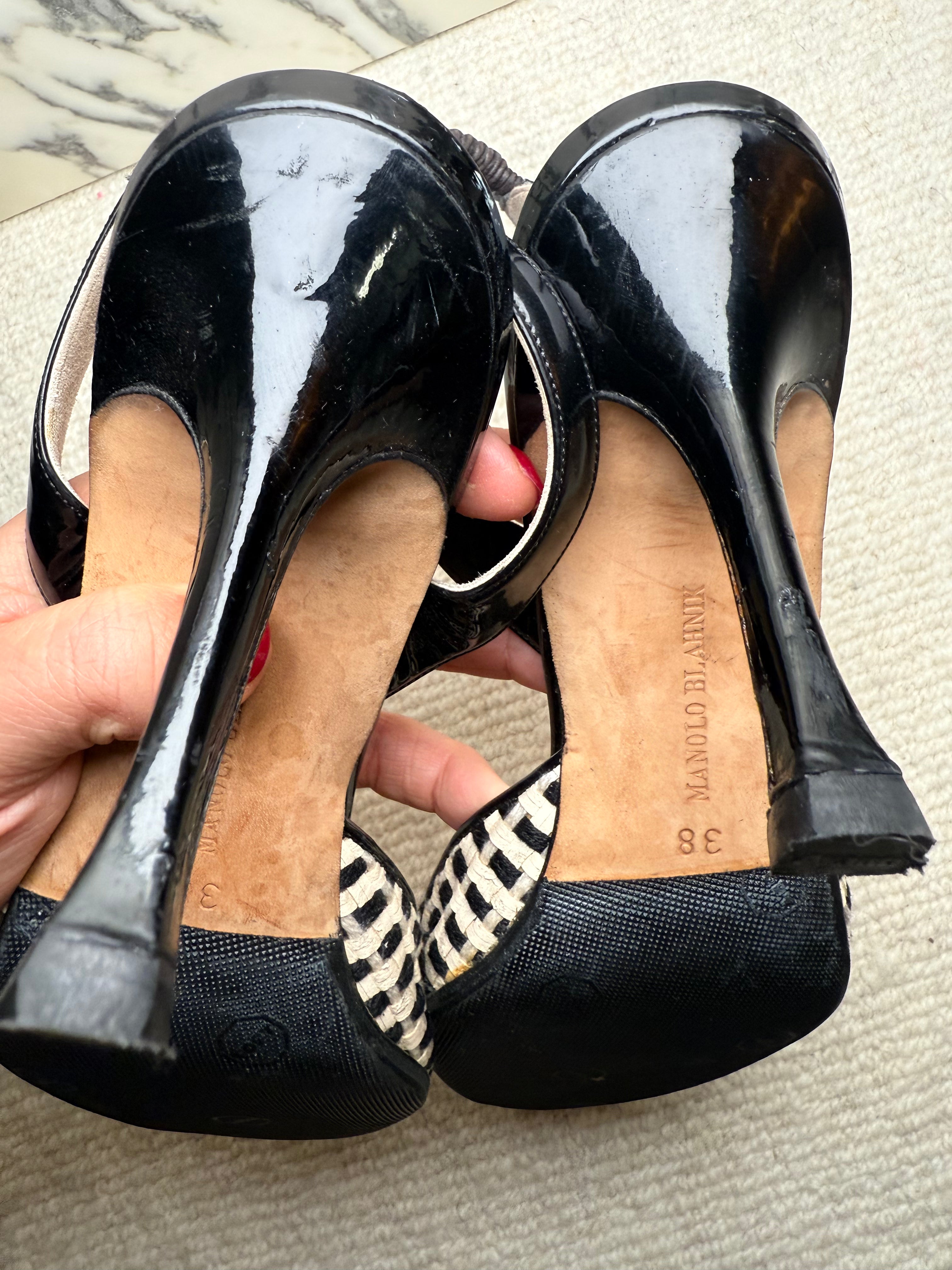 Manolo Blahnik Black and White Weave Kitten Heels, 38