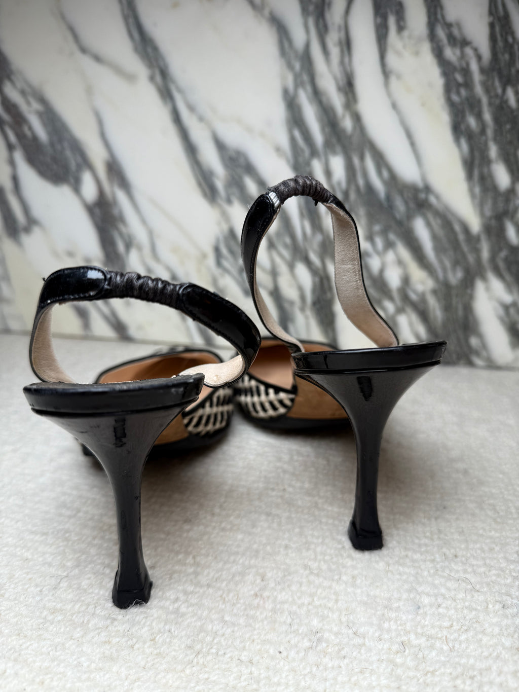 Manolo Blahnik Black and White Weave Kitten Heels, 38