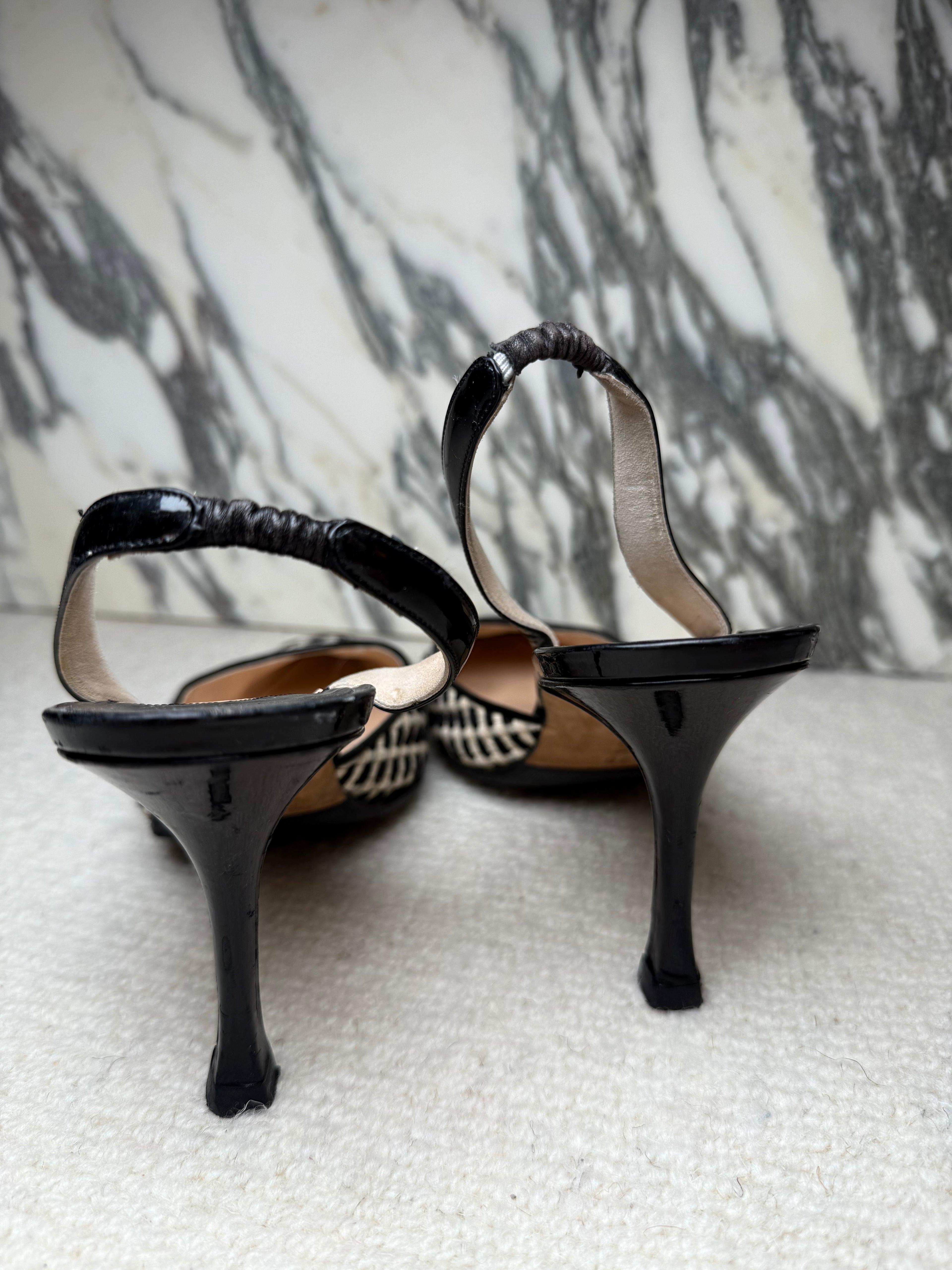 Manolo Blahnik Black and White Weave Kitten Heels, 38