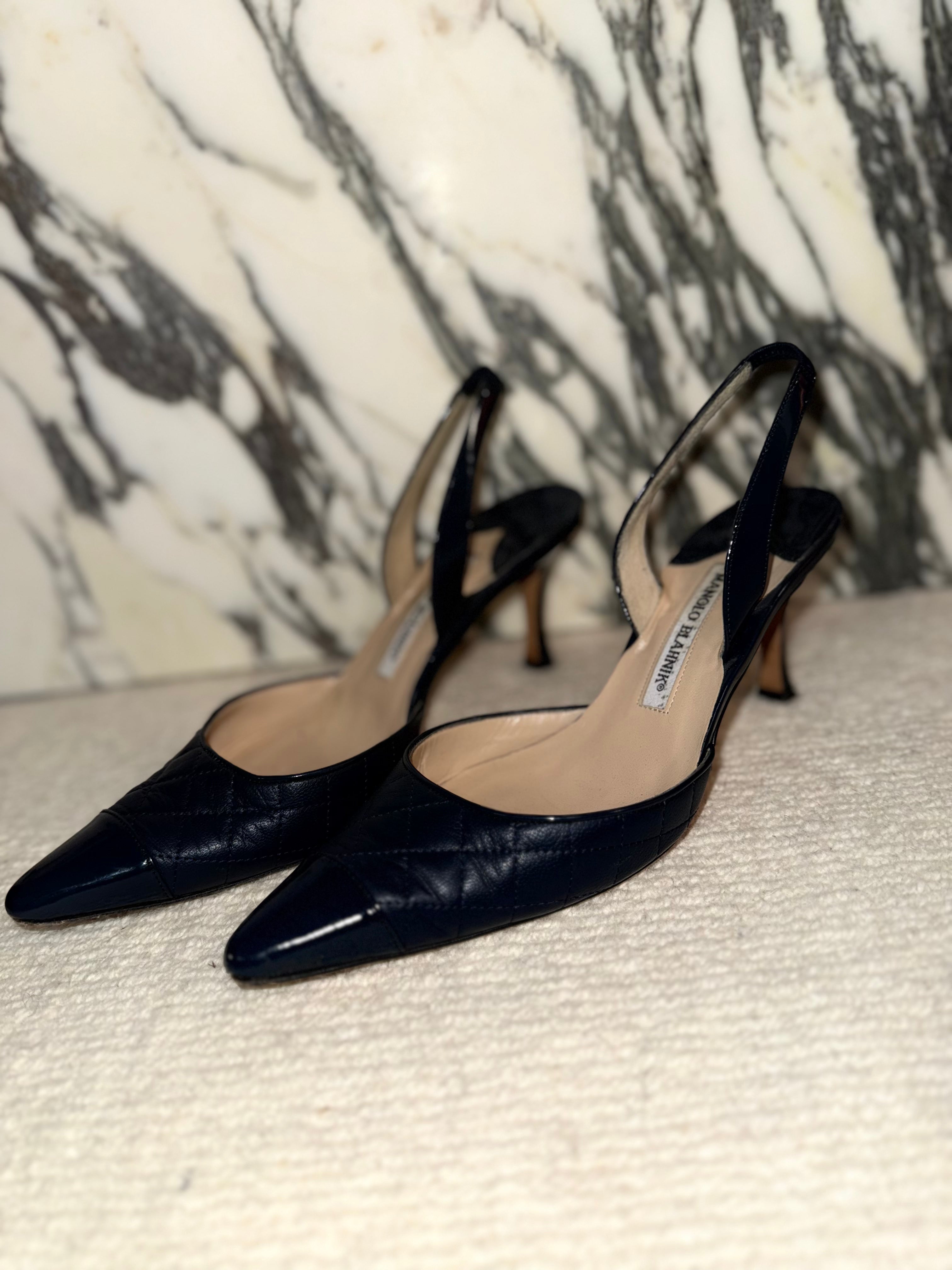 Manolo Blanik Navy Quilted Slingbacks, 38.5
