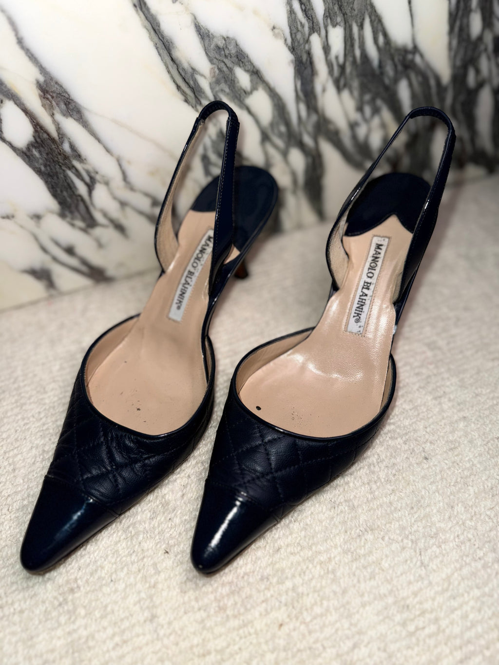 Manolo Blanik Navy Quilted Slingbacks, 38.5