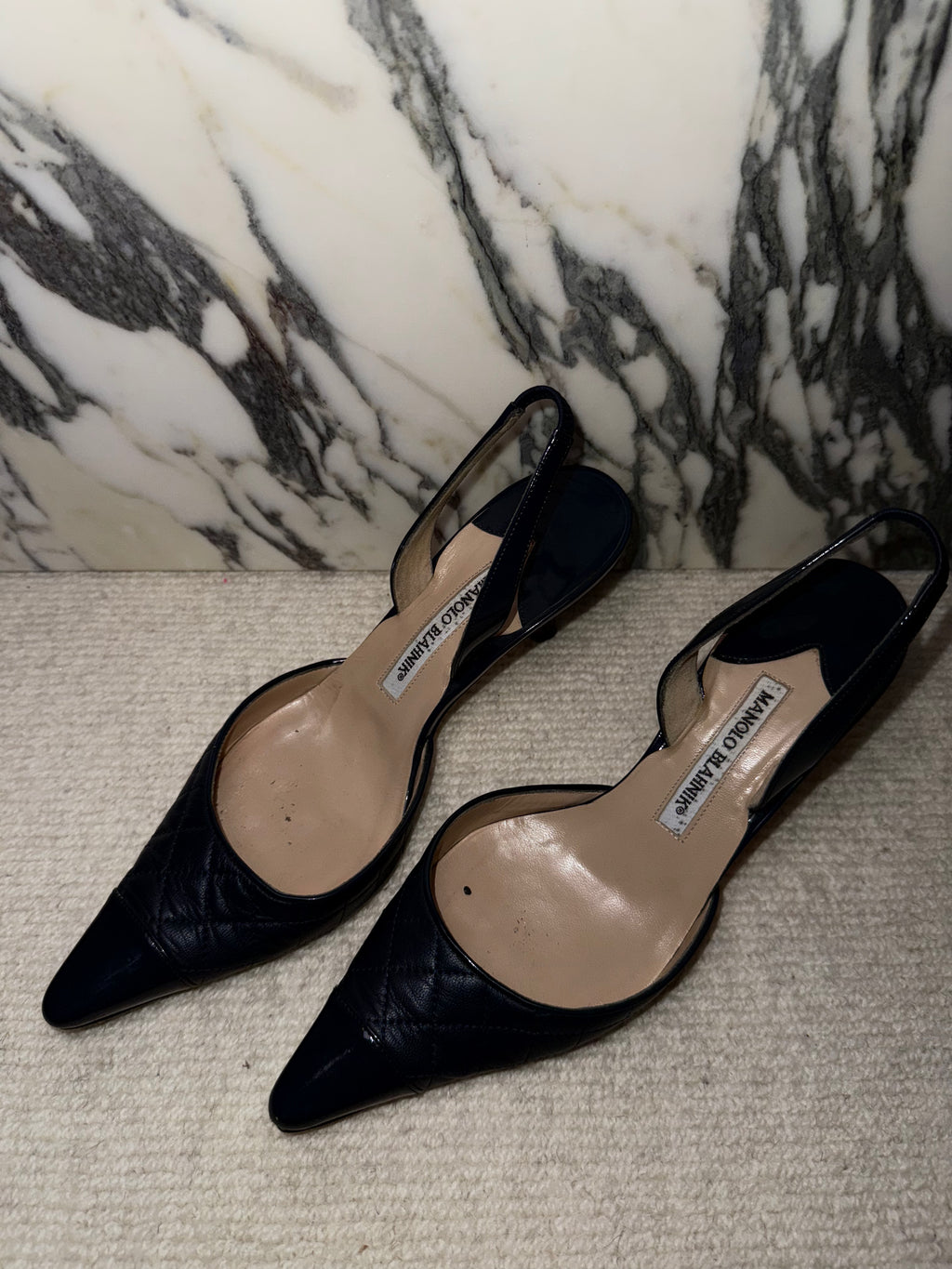 Manolo Blanik Navy Quilted Slingbacks, 38.5