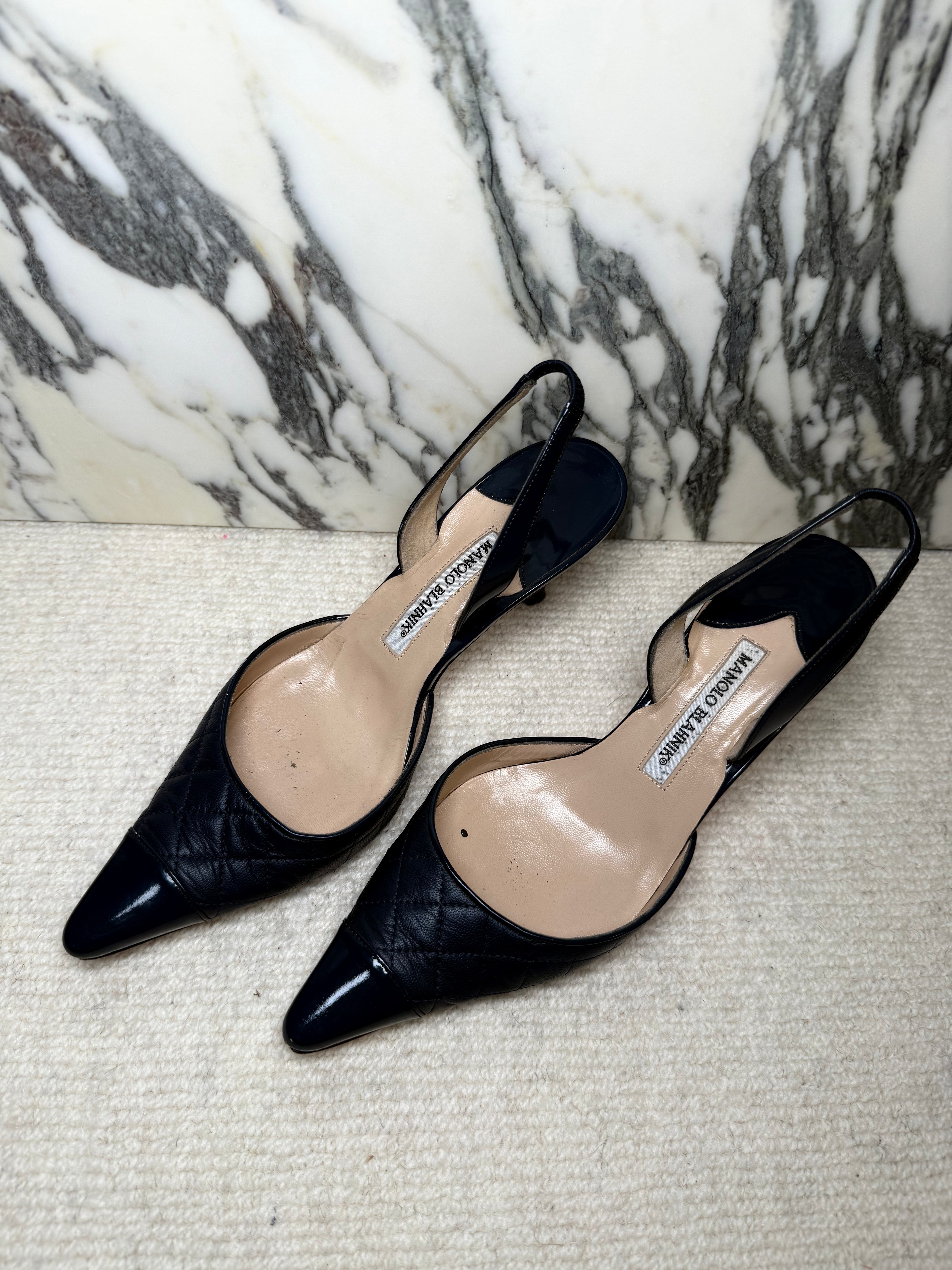 Manolo Blanik Navy Quilted Slingbacks, 38.5