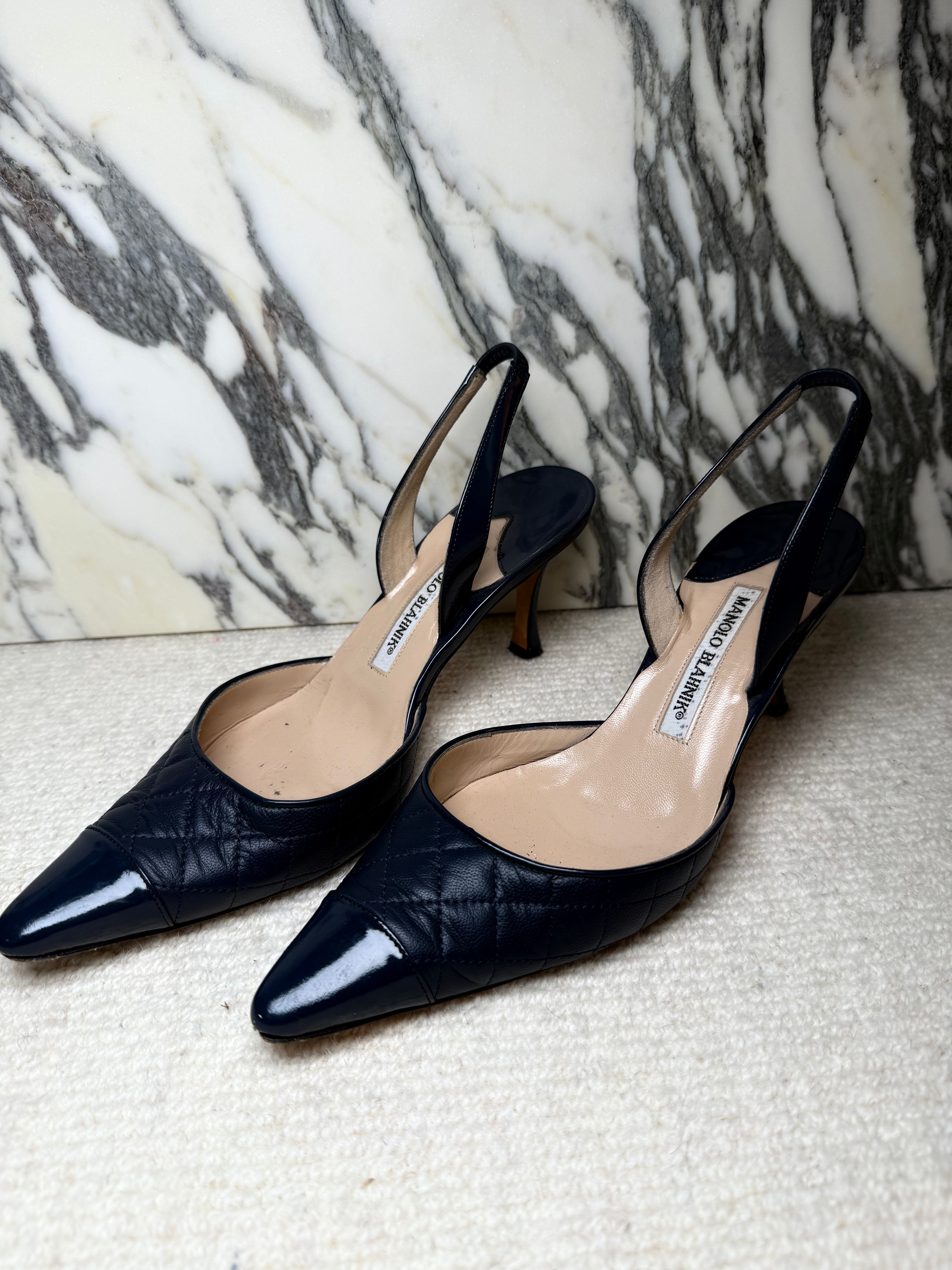 Manolo Blanik Navy Quilted Slingbacks, 38.5