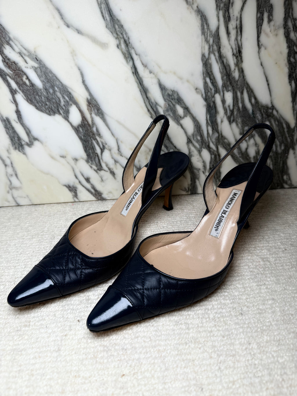 Manolo Blanik Navy Quilted Slingbacks, 38.5