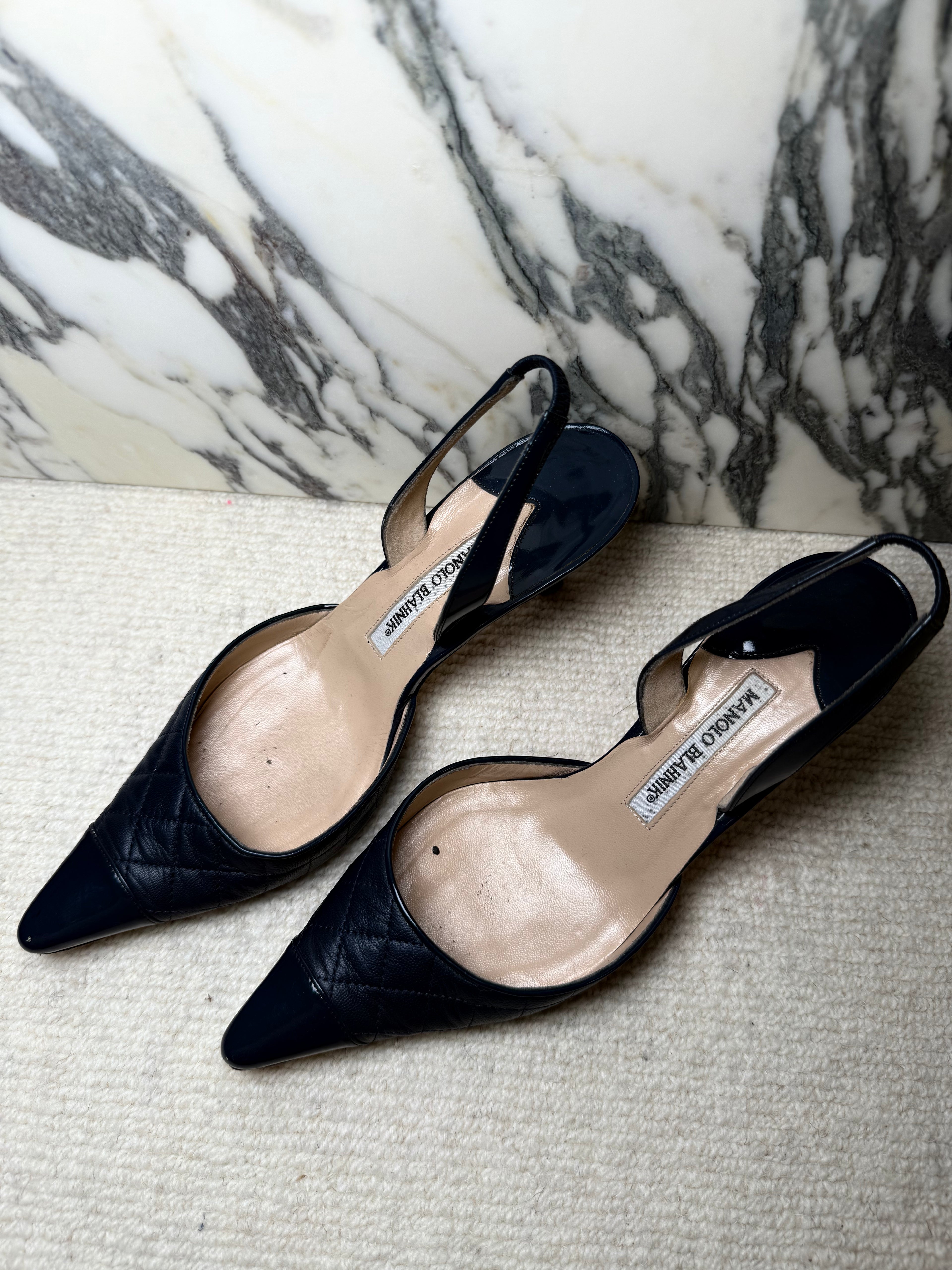 Manolo Blanik Navy Quilted Slingbacks, 38.5