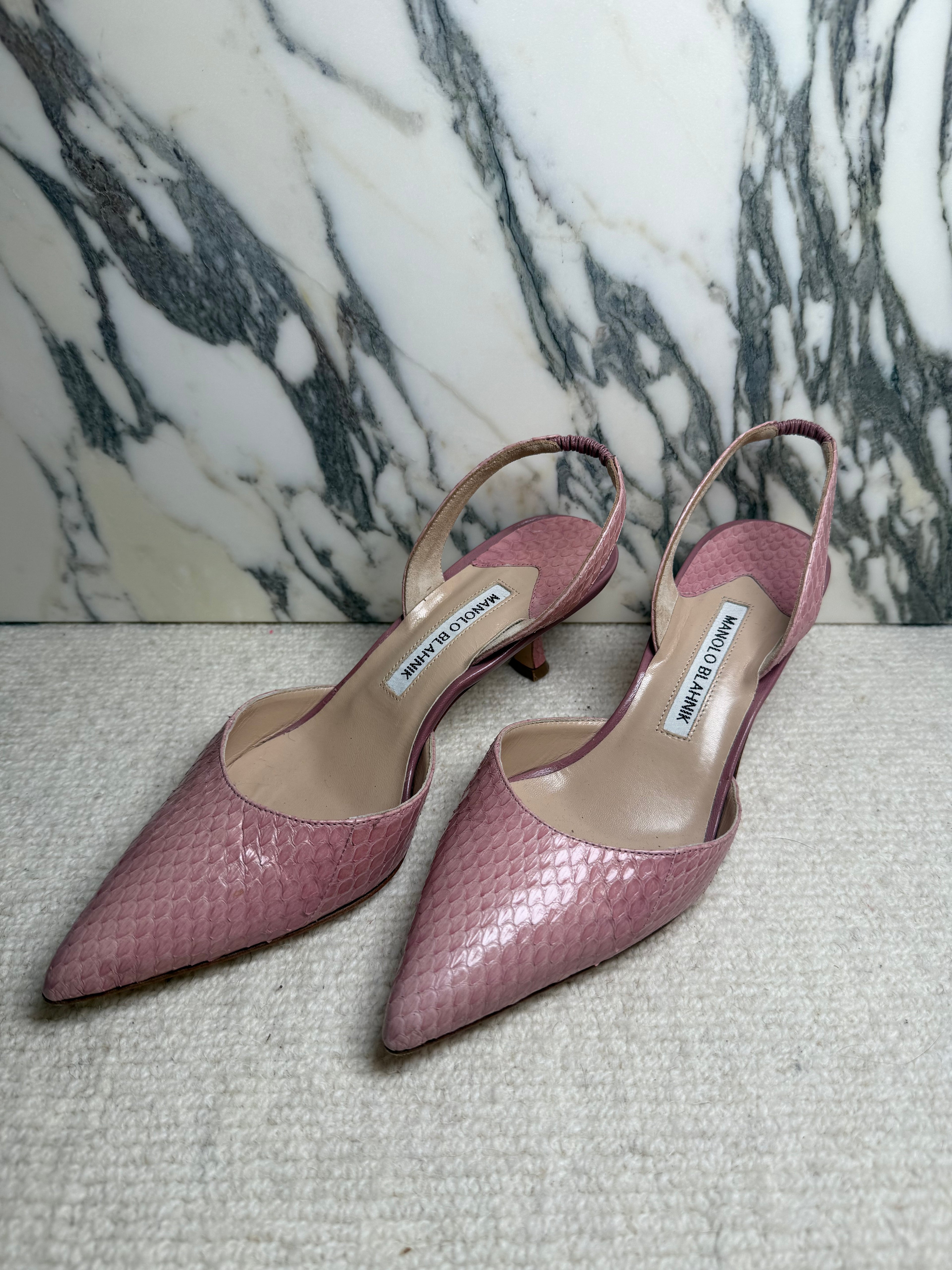Manolo Blahnik Pink Exotic Sling Back Kitten Heel, 38.5