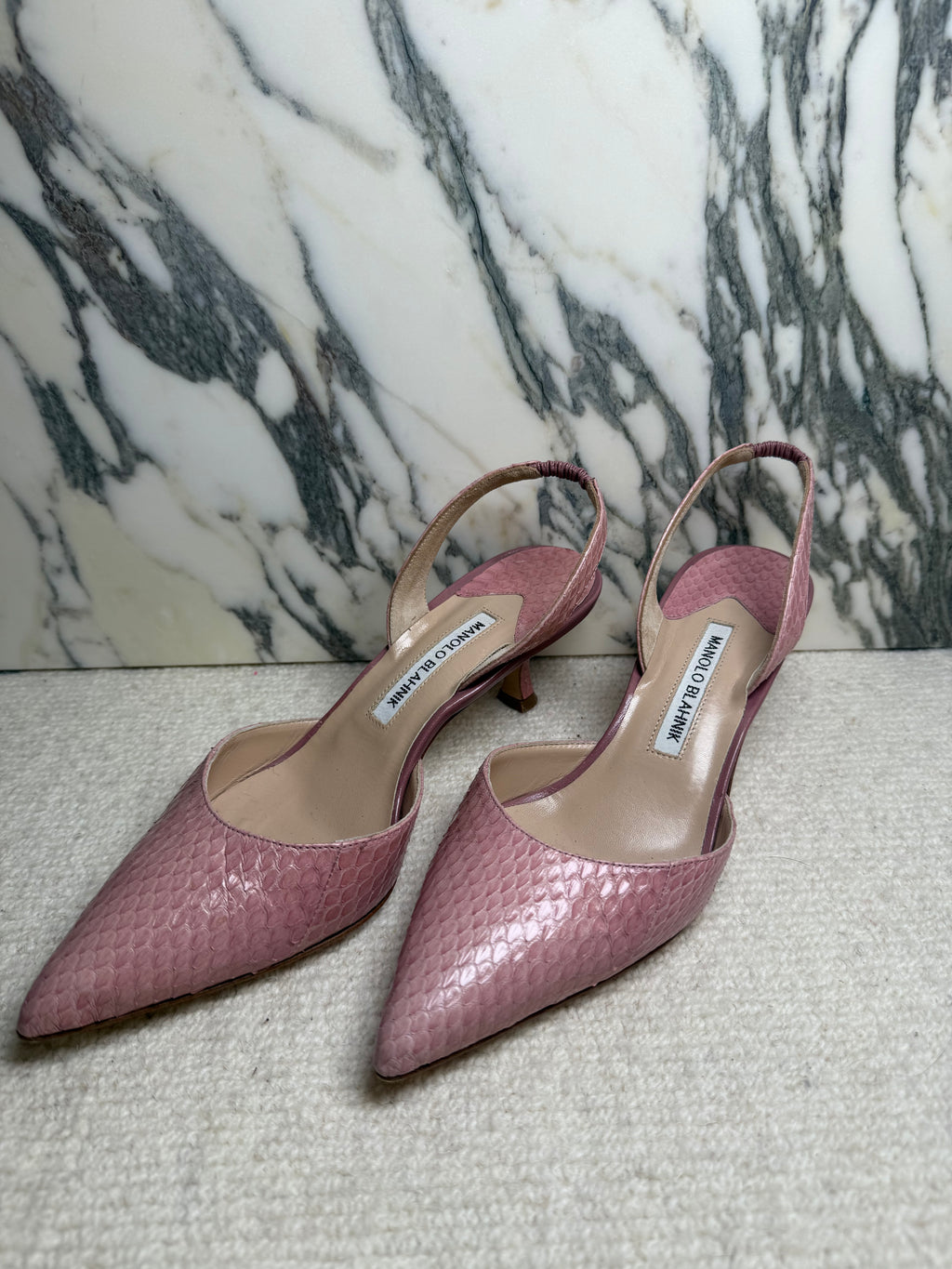 Manolo Blahnik Pink Exotic Sling Back Kitten Heel, 38.5