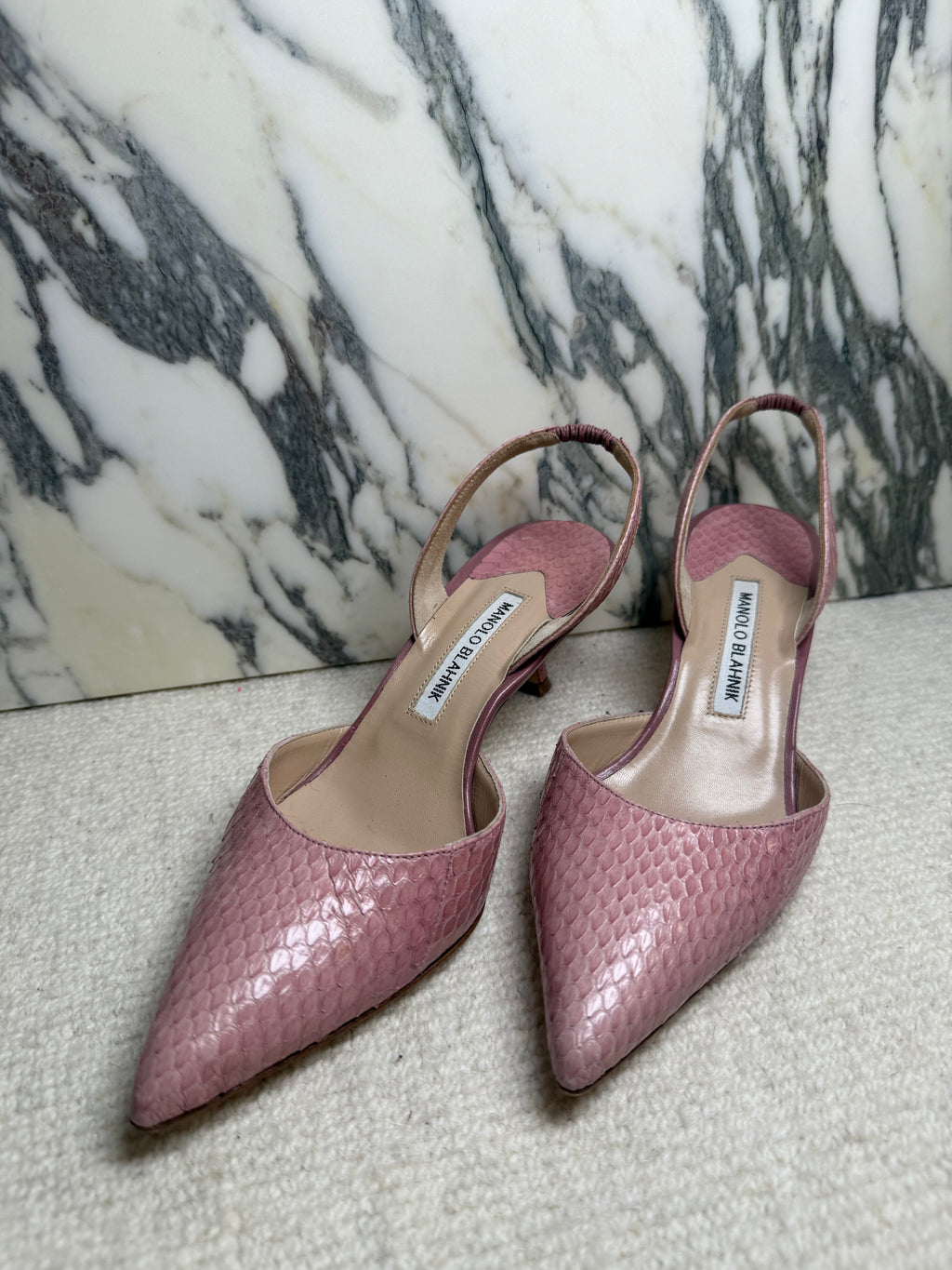 Manolo Blahnik Pink Exotic Sling Back Kitten Heel, 38.5