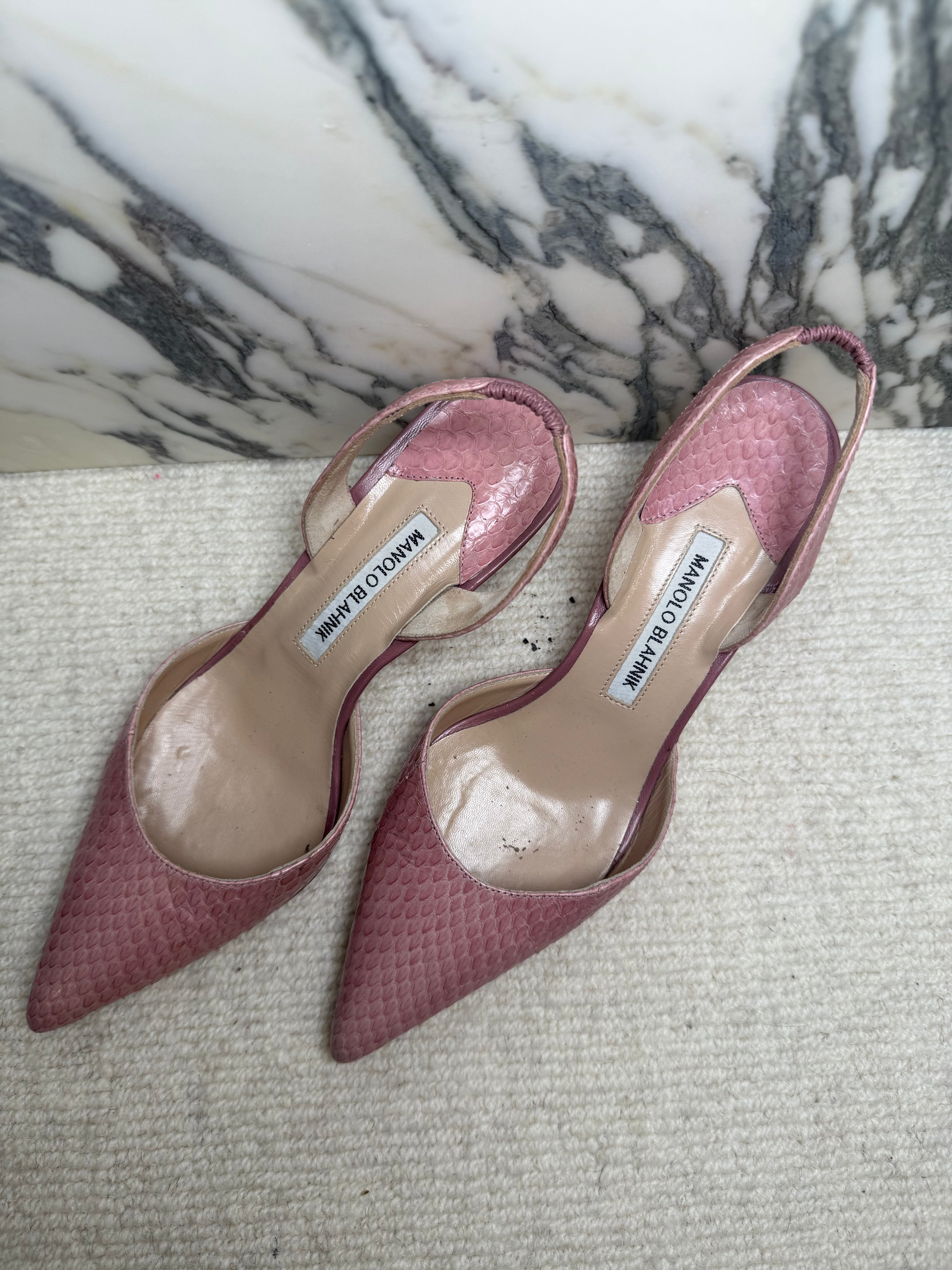 Manolo Blahnik Pink Exotic Sling Back Kitten Heel, 38.5