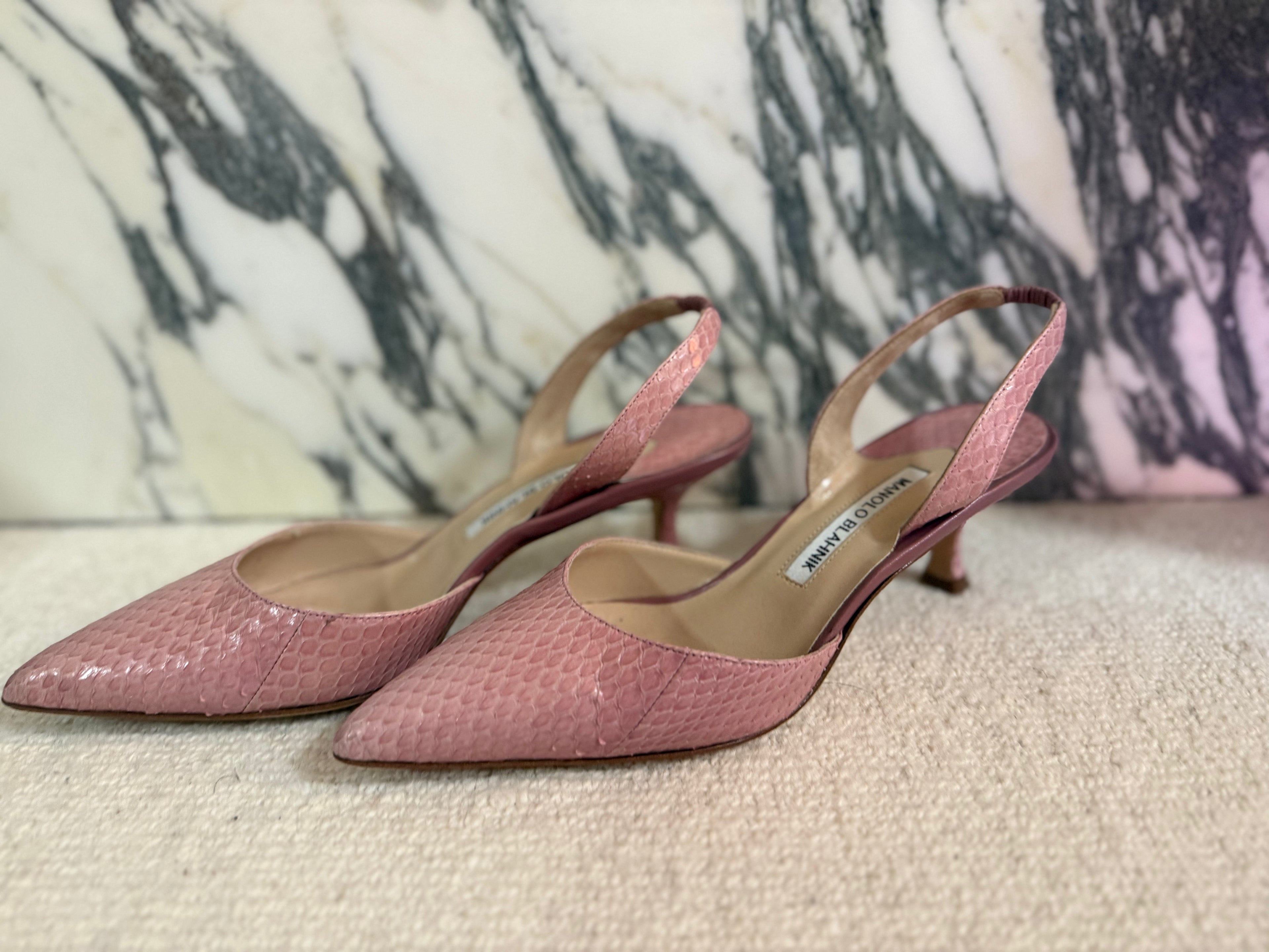 Manolo Blahnik Pink Exotic Sling Back Kitten Heel, 38.5