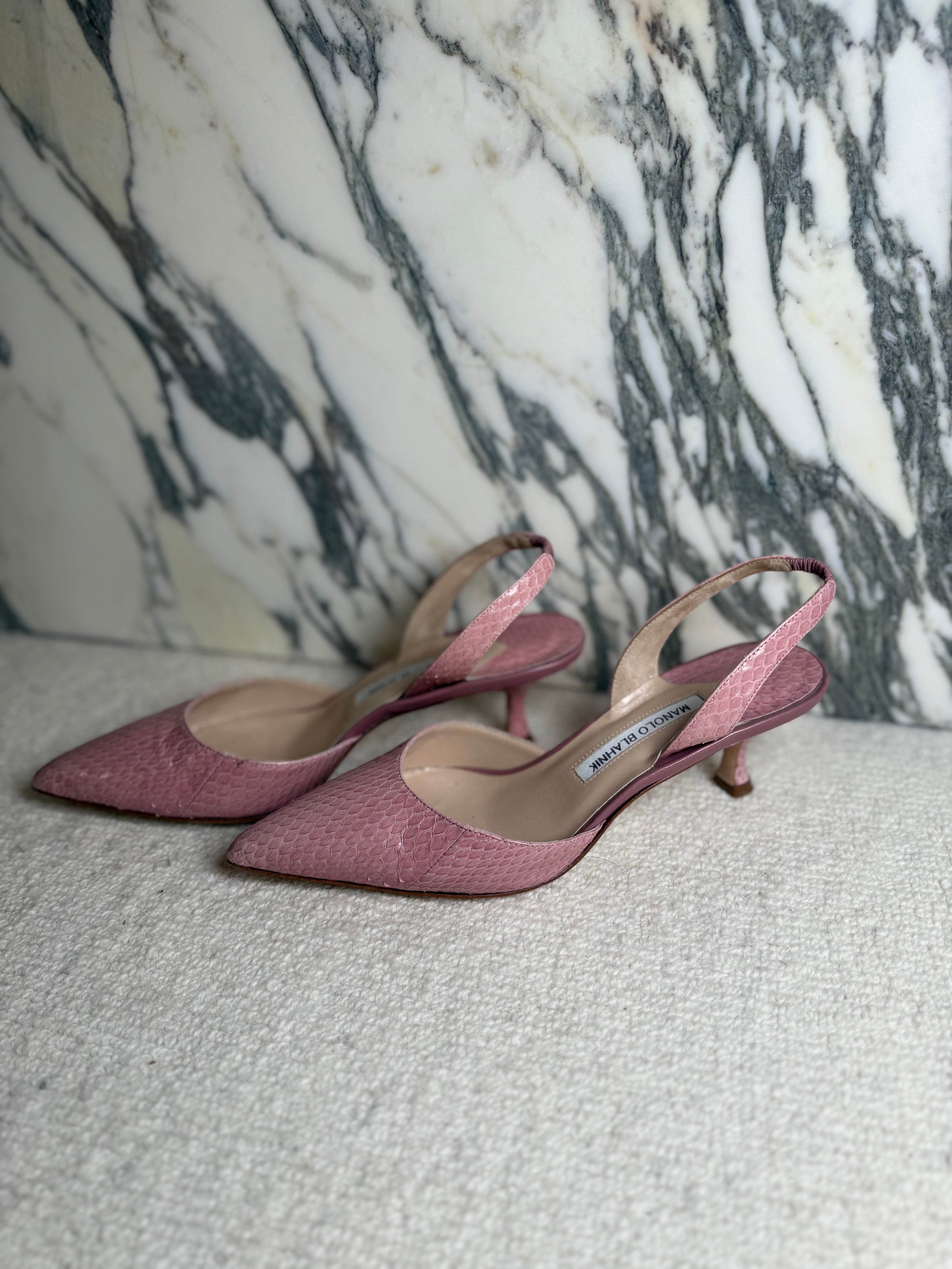 Manolo Blahnik Pink Exotic Sling Back Kitten Heel, 38.5