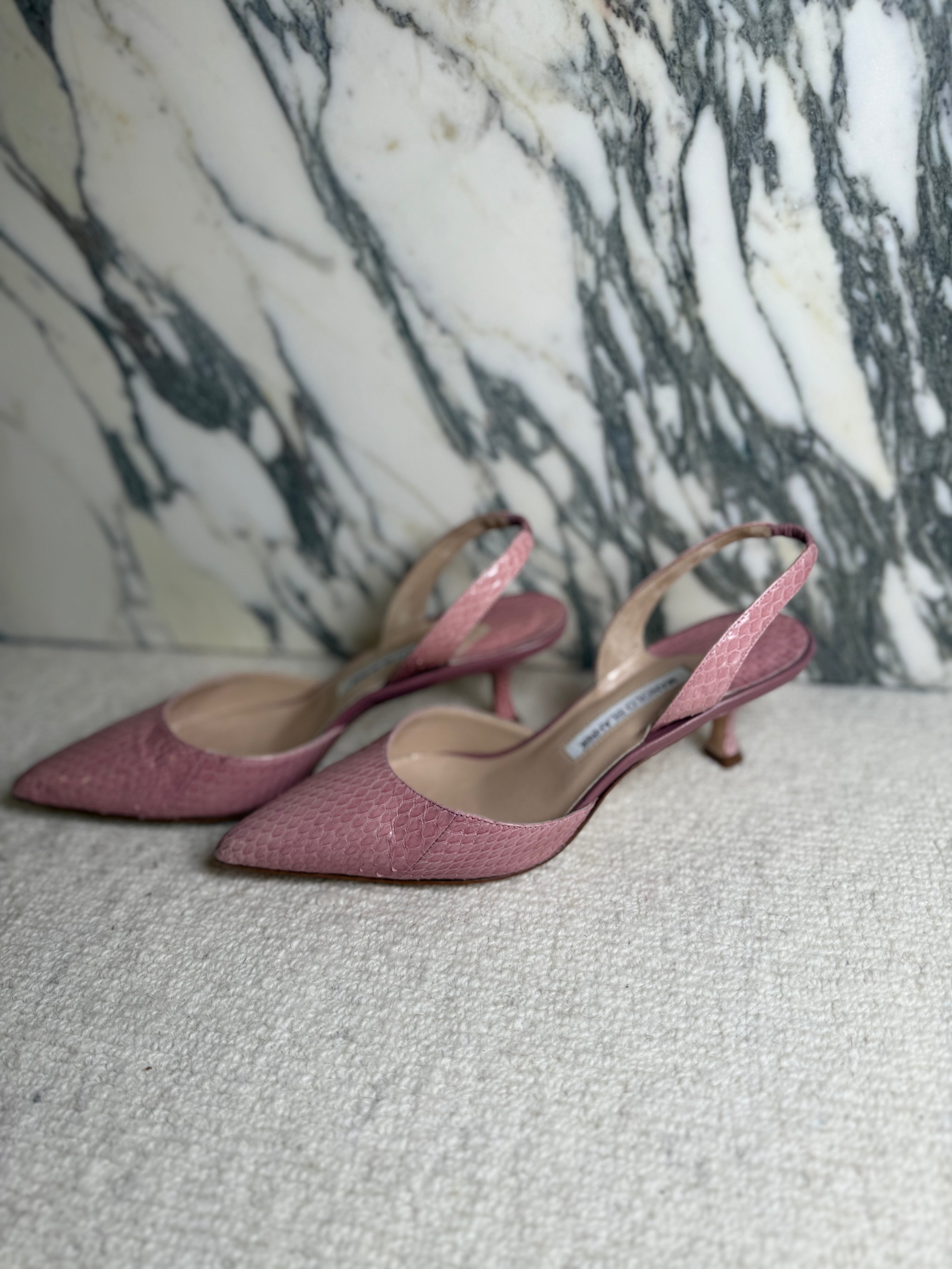 Manolo Blahnik Pink Exotic Sling Back Kitten Heel, 38.5