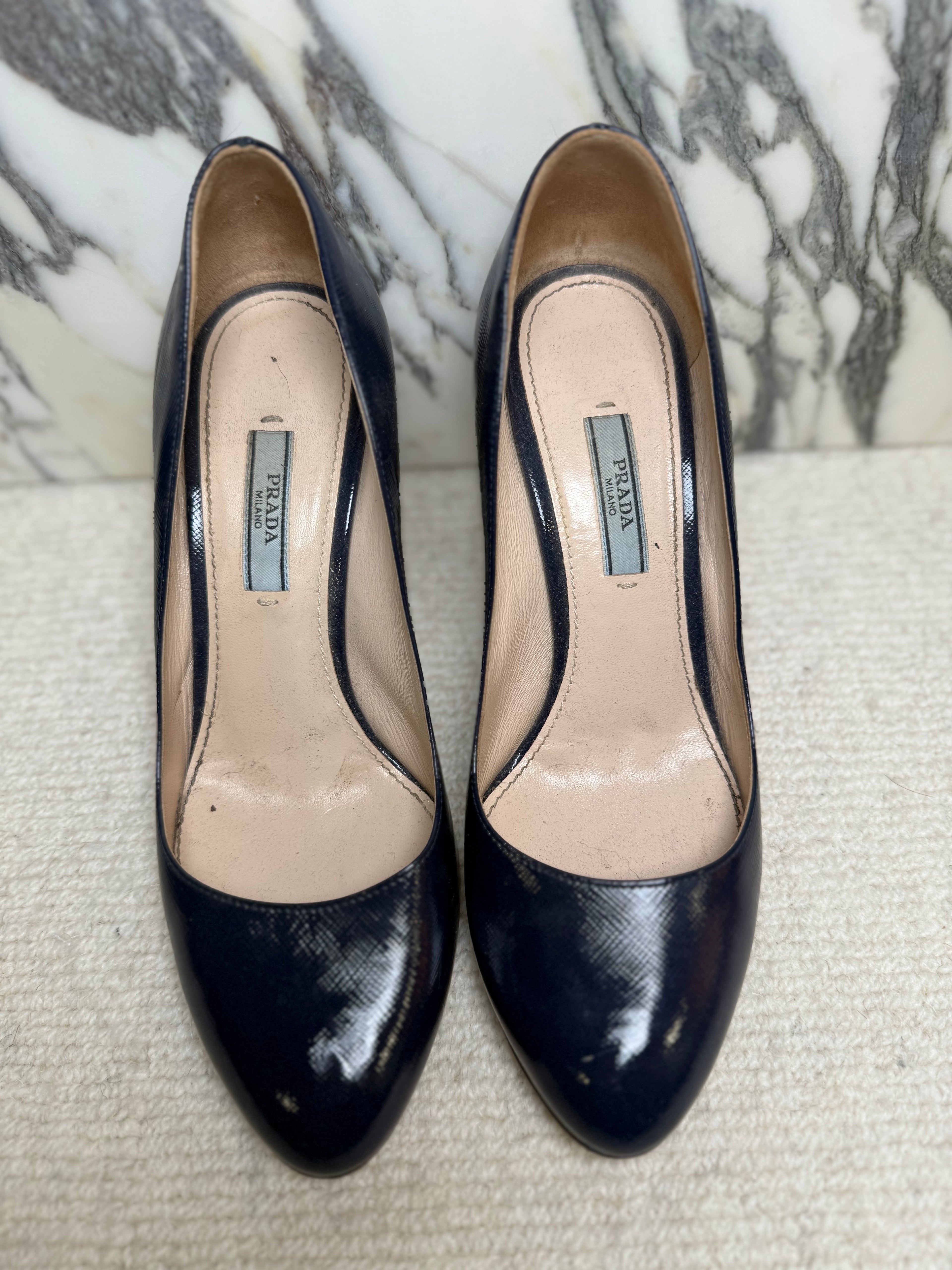 Prada Navy Patent Round Toe Heels, 37.5