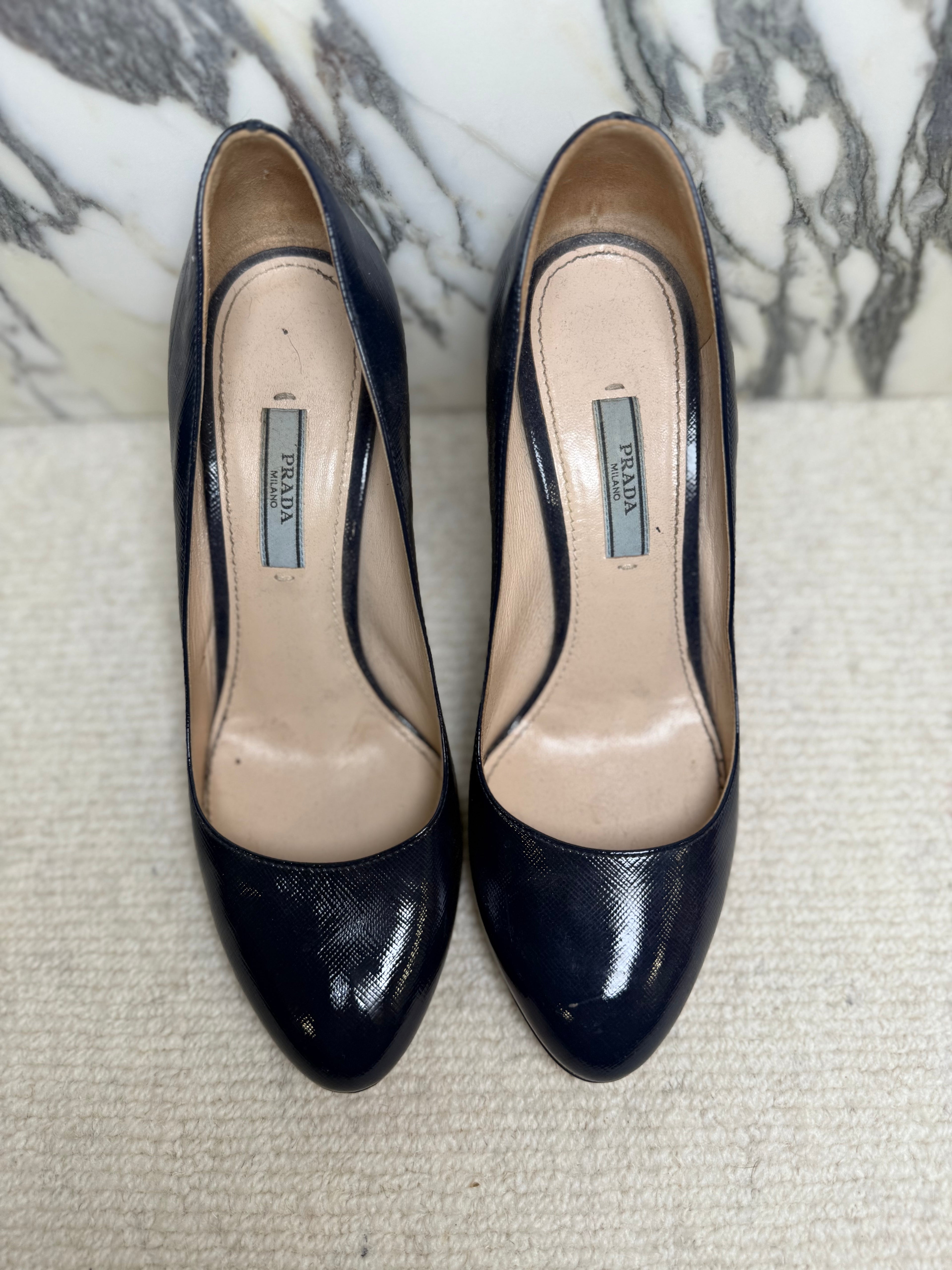 Prada Navy Patent Round Toe Heels, 37.5