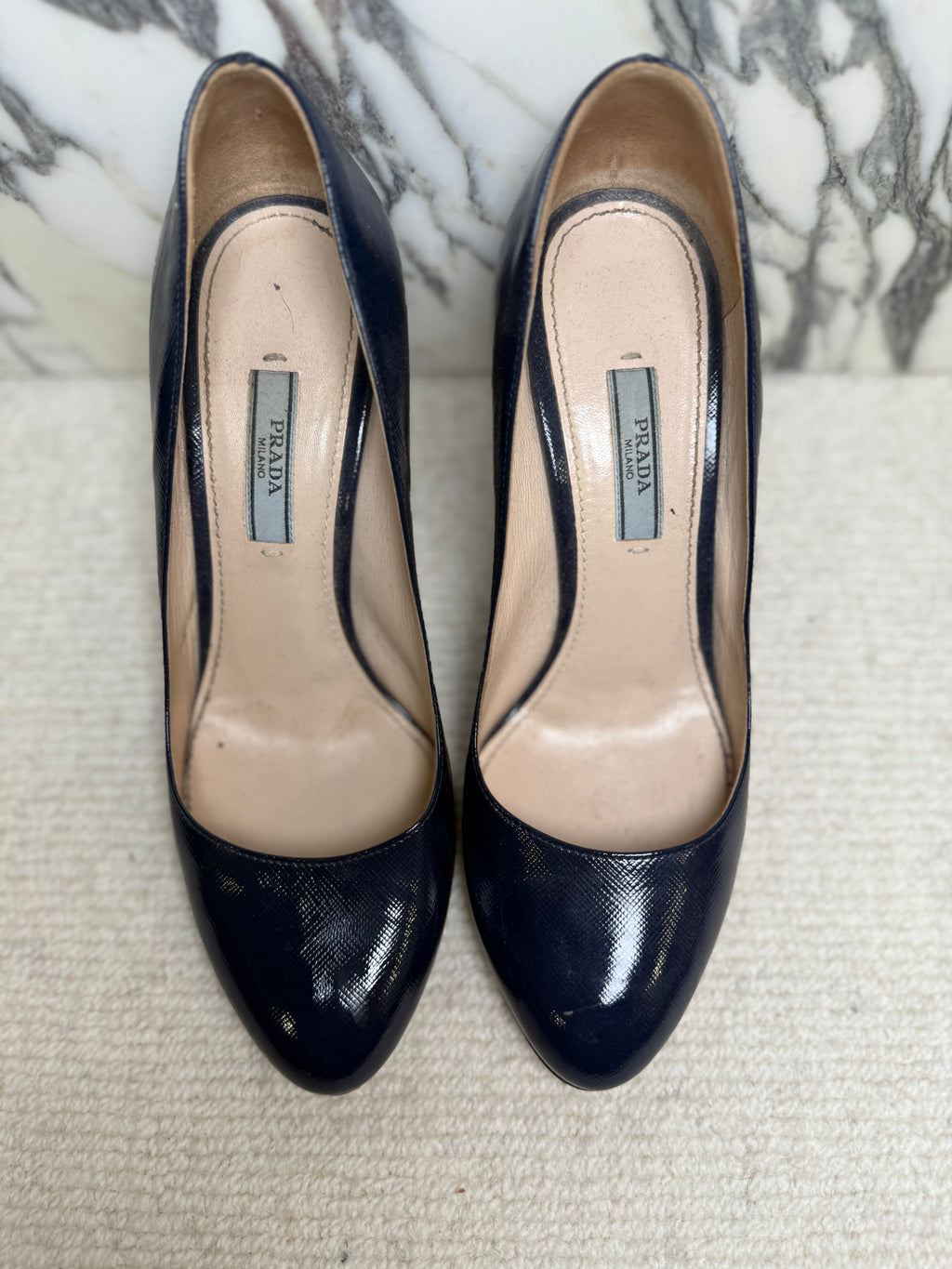 Prada Navy Patent Round Toe Heels, 37.5