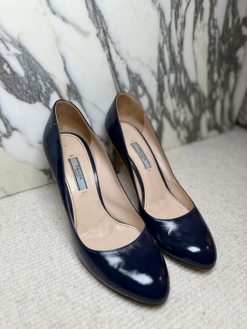 Prada Navy Patent Round Toe Heels, 37.5