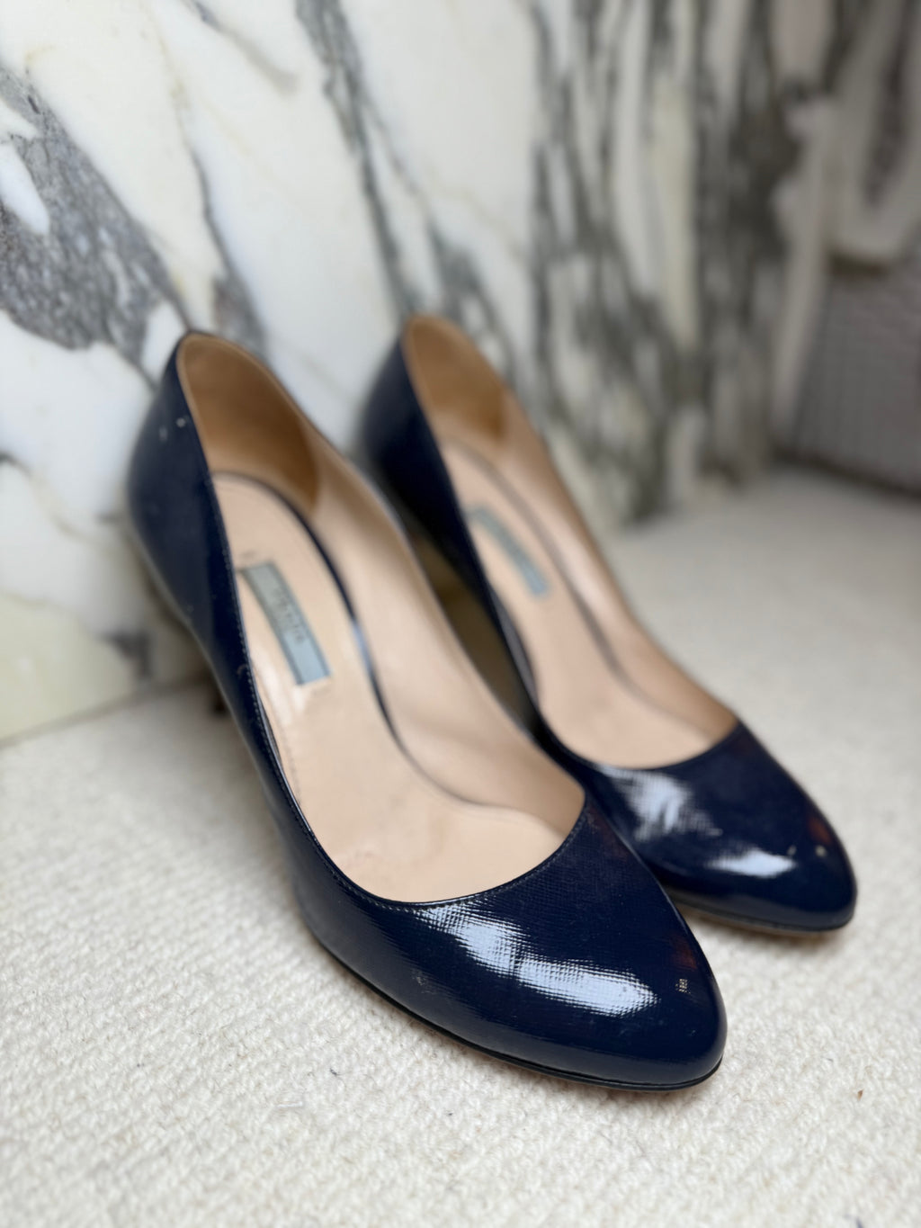 Prada Navy Patent Round Toe Heels, 37.5