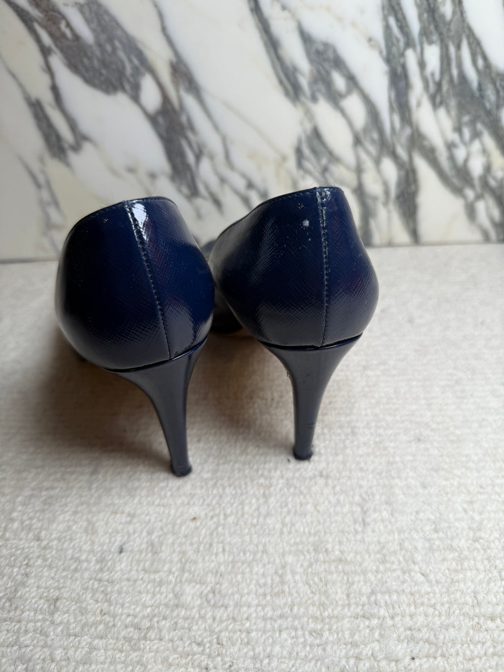 Prada Navy Patent Round Toe Heels, 37.5