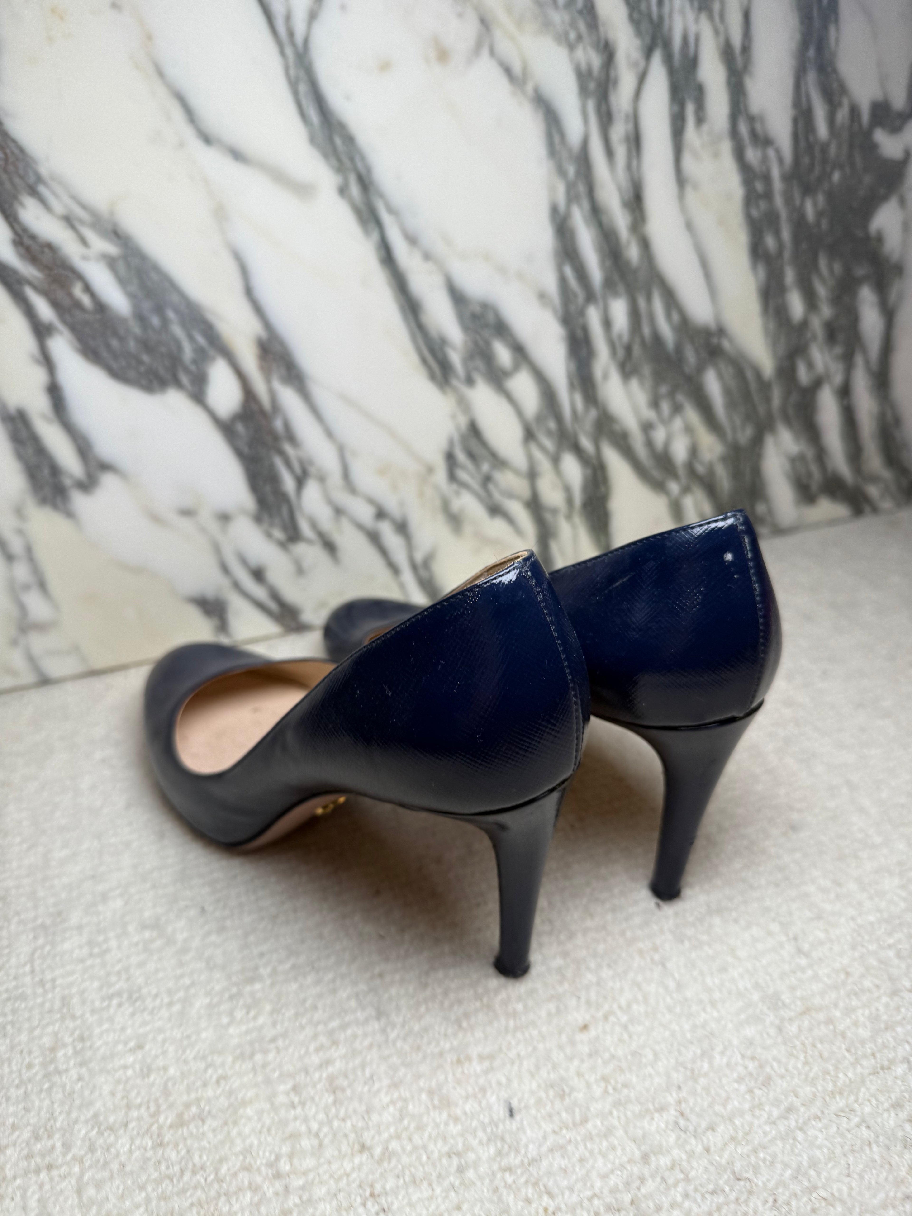 Prada Navy Patent Round Toe Heels, 37.5