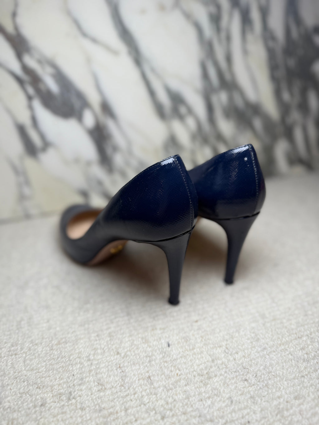 Prada Navy Patent Round Toe Heels, 37.5