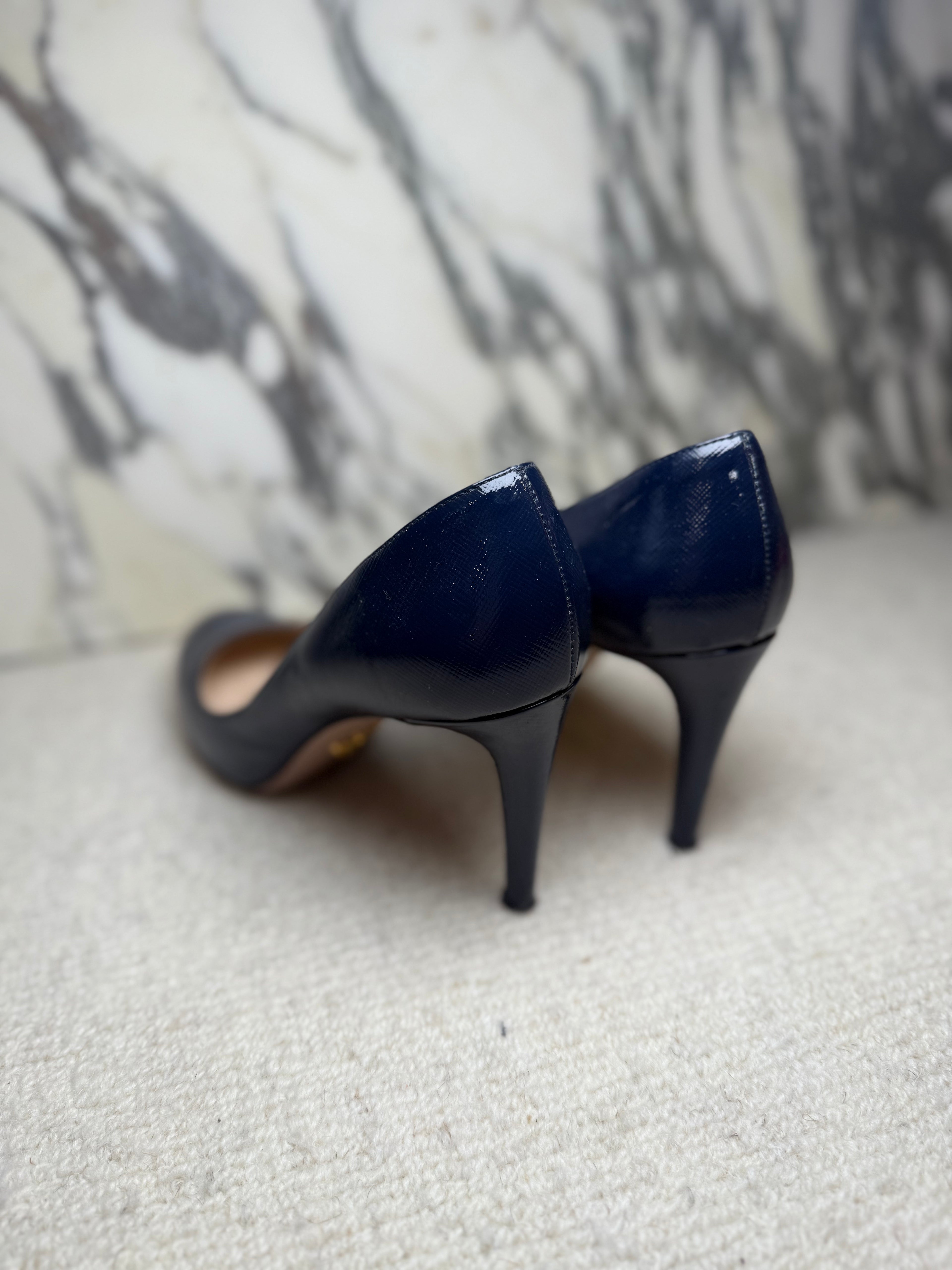 Prada Navy Patent Round Toe Heels, 37.5