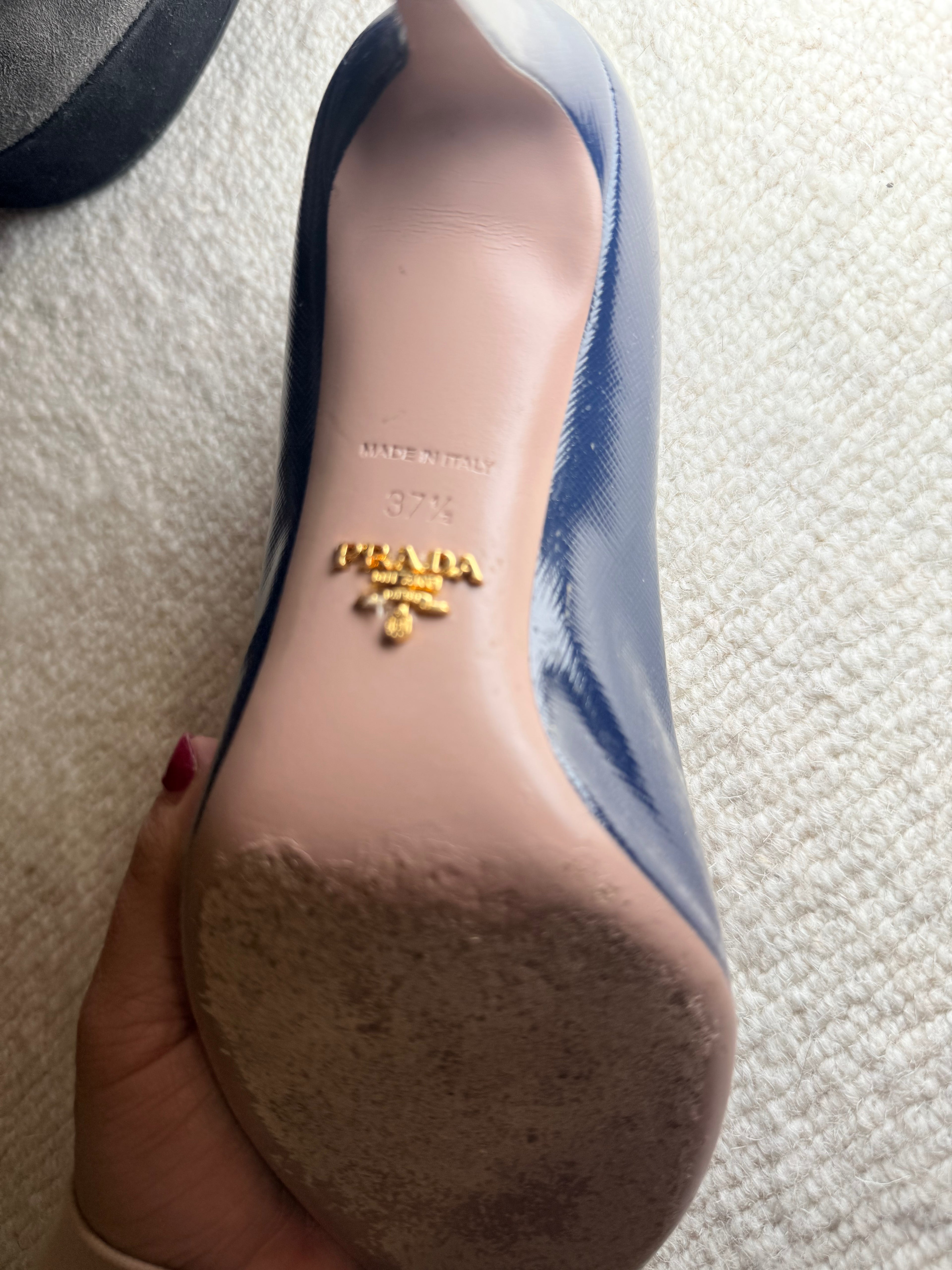 Prada Navy Patent Round Toe Heels, 37.5