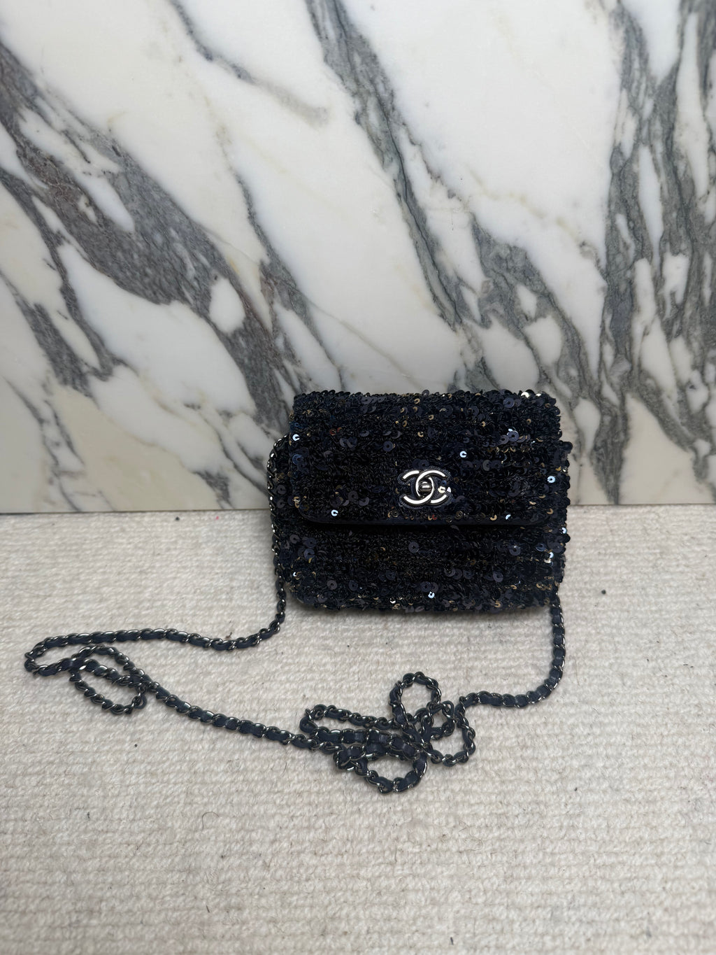 Chanel Sequin Micro Bag - Navy & Gold