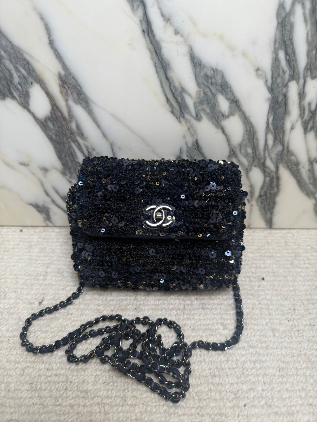 Chanel Sequin Micro Bag - Navy & Gold