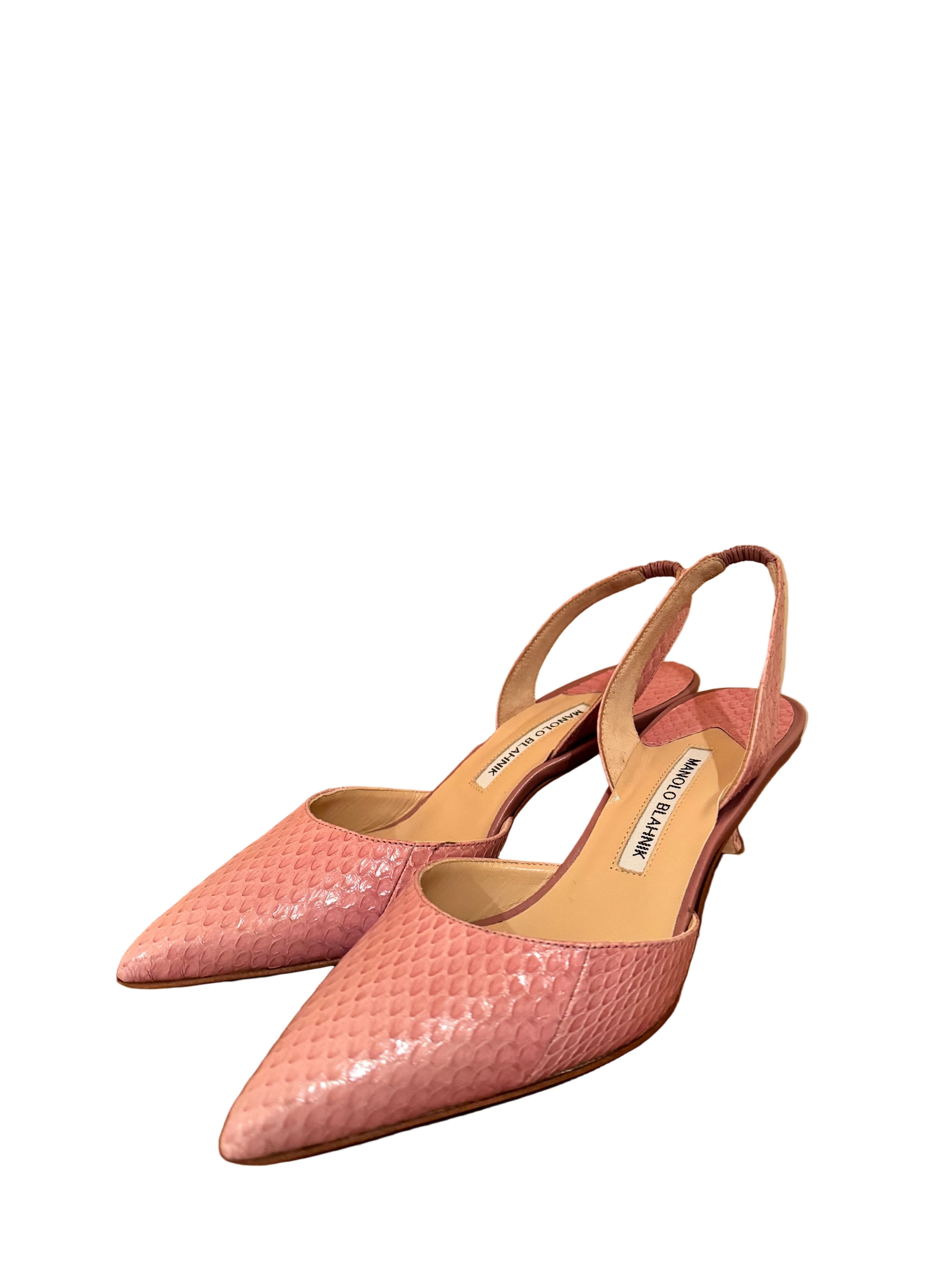 Manolo Blahnik Pink Exotic Sling Back Kitten Heel, 38.5