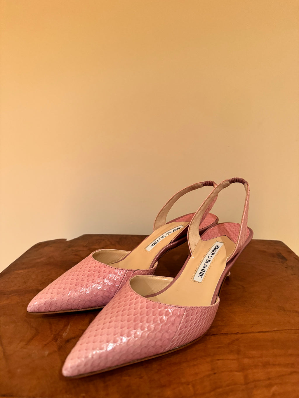 Manolo Blahnik Pink Exotic Sling Back Kitten Heel, 38.5