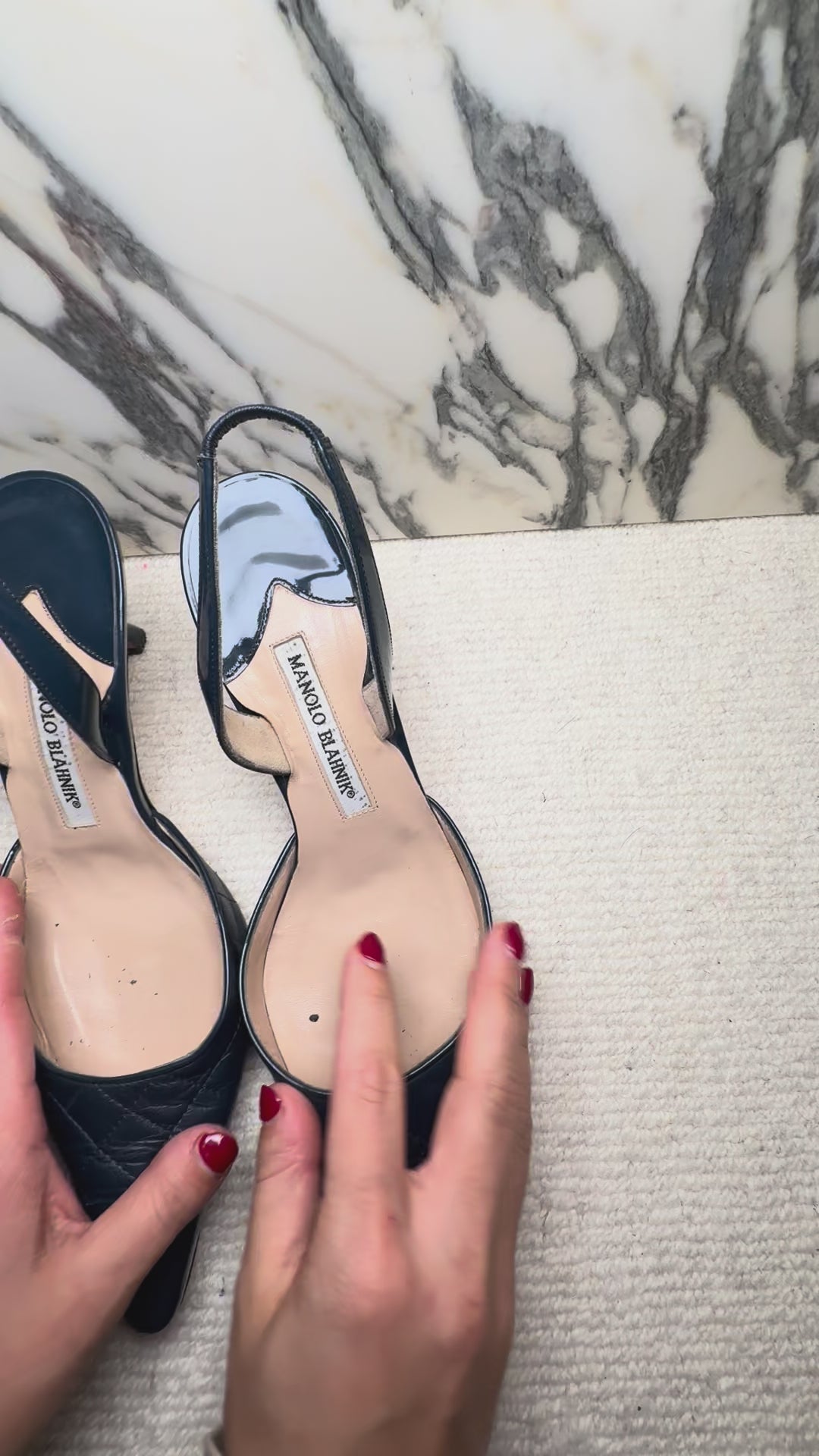 Manolo Blanik Navy Quilted Slingbacks, 38.5